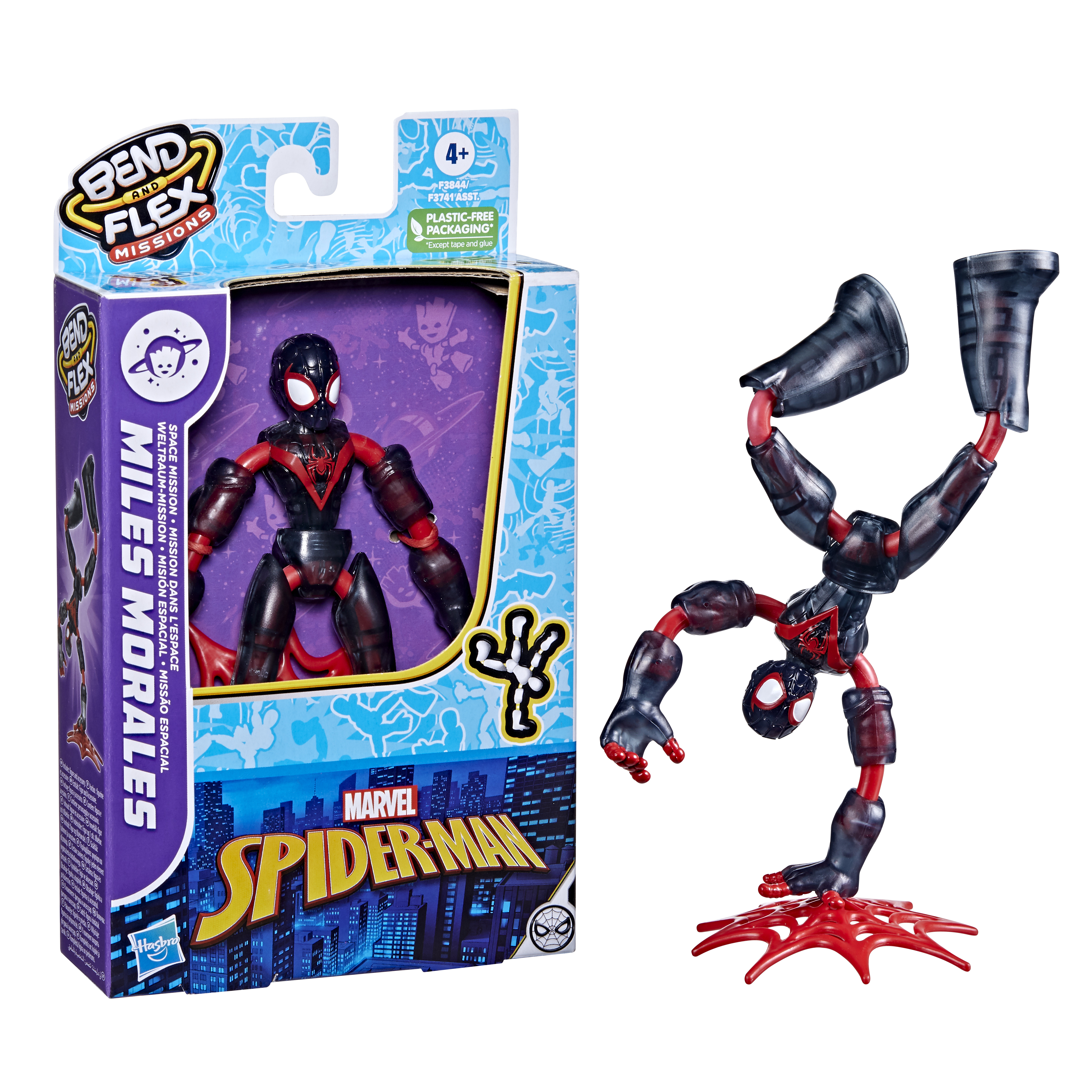 Figurka Miles Morales Spider-Man w opakowaniu i w pozie. Dominują kolory czarny i czerwony.