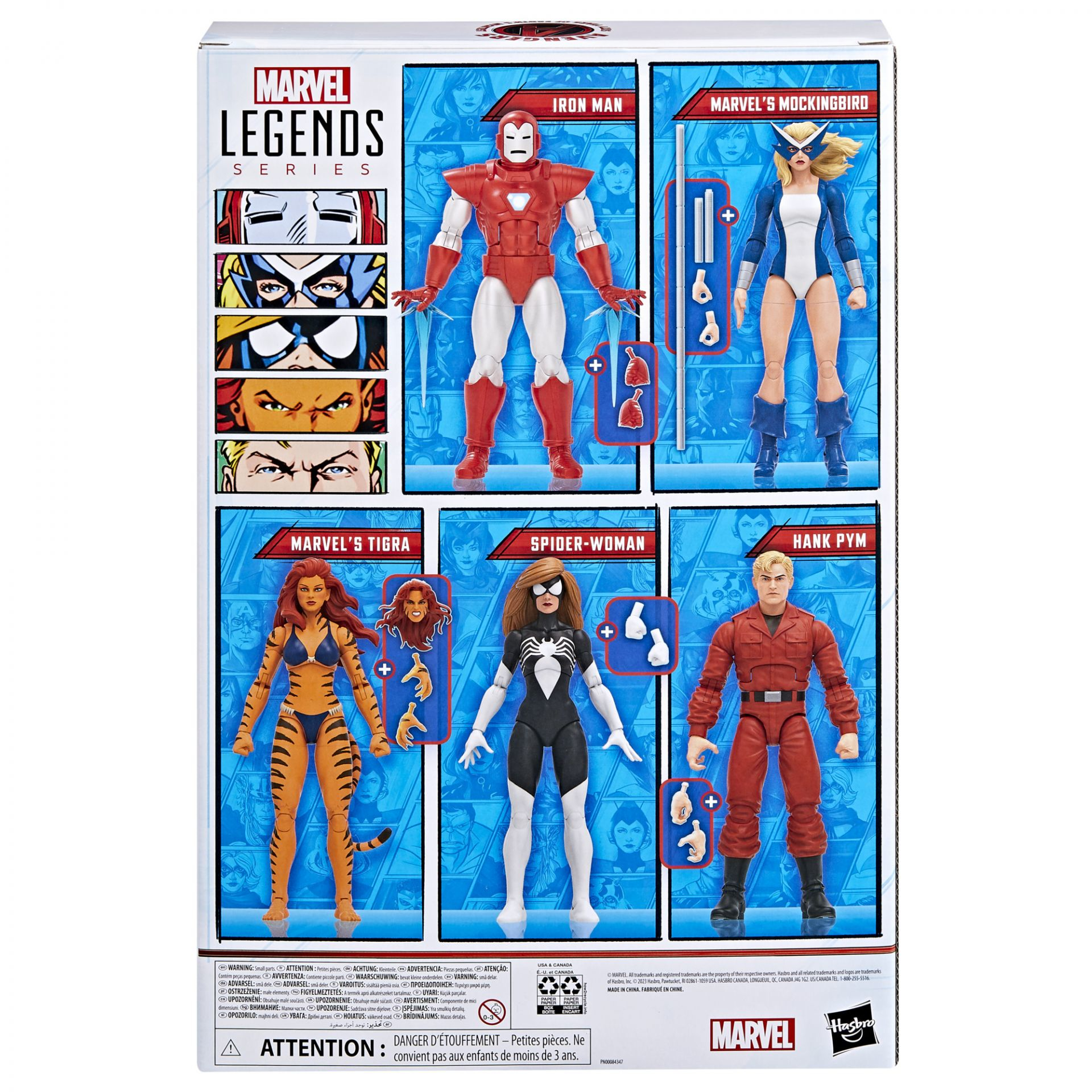Retro di una scatola con figure Marvel Legends. Include Iron Man, Spider-Woman e altri.