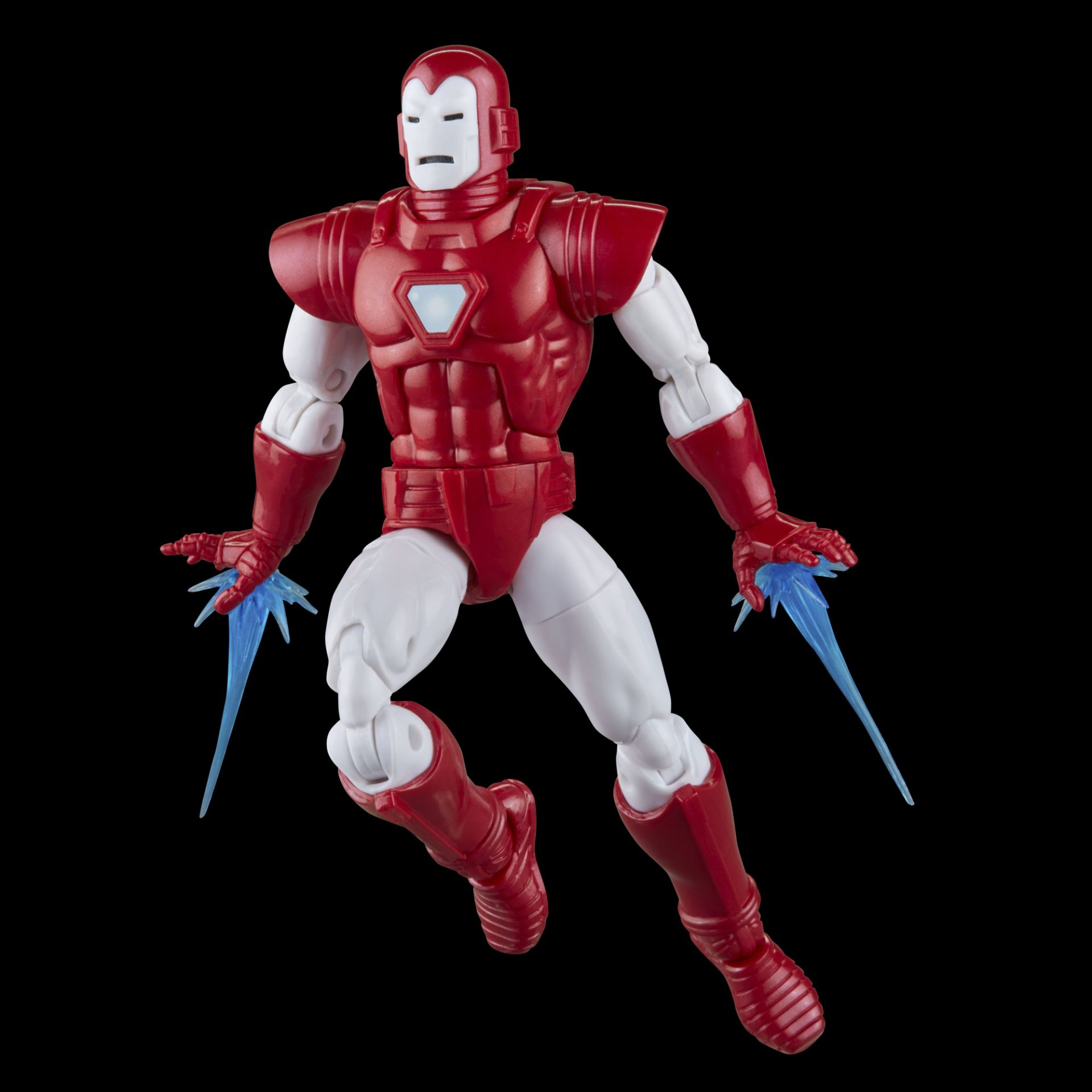 Action figure di Iron Man, rosso e bianco, che lancia i repulsori. Sfondo nero.