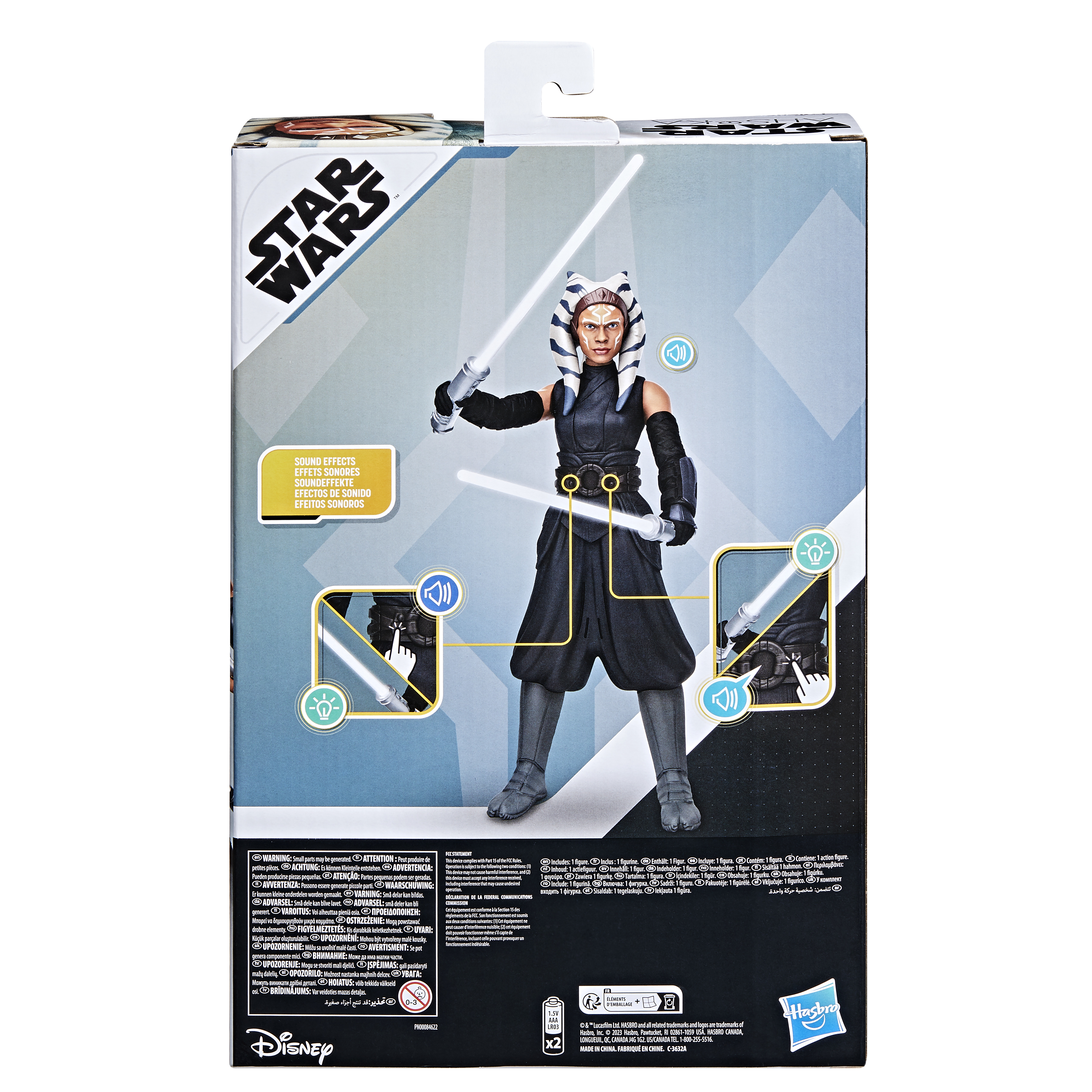 Retro di una scatola di giocattoli di Star Wars con Ahsoka Tano, con spade laser, icone degli effetti sonori e testo.
