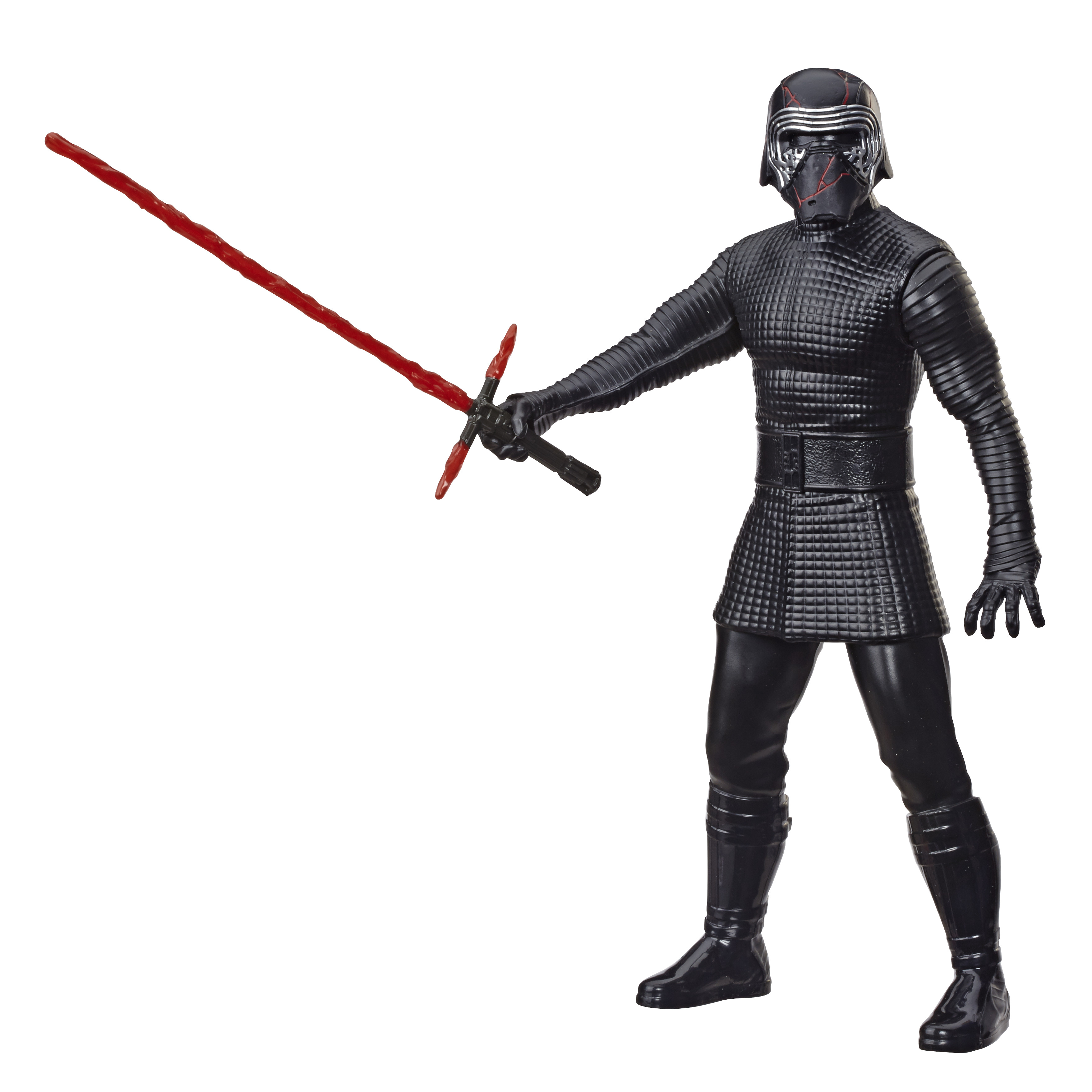 Figurka akcji Star Wars Kylo Ren w czarnej zbroi z czerwonym mieczem świetlnym.