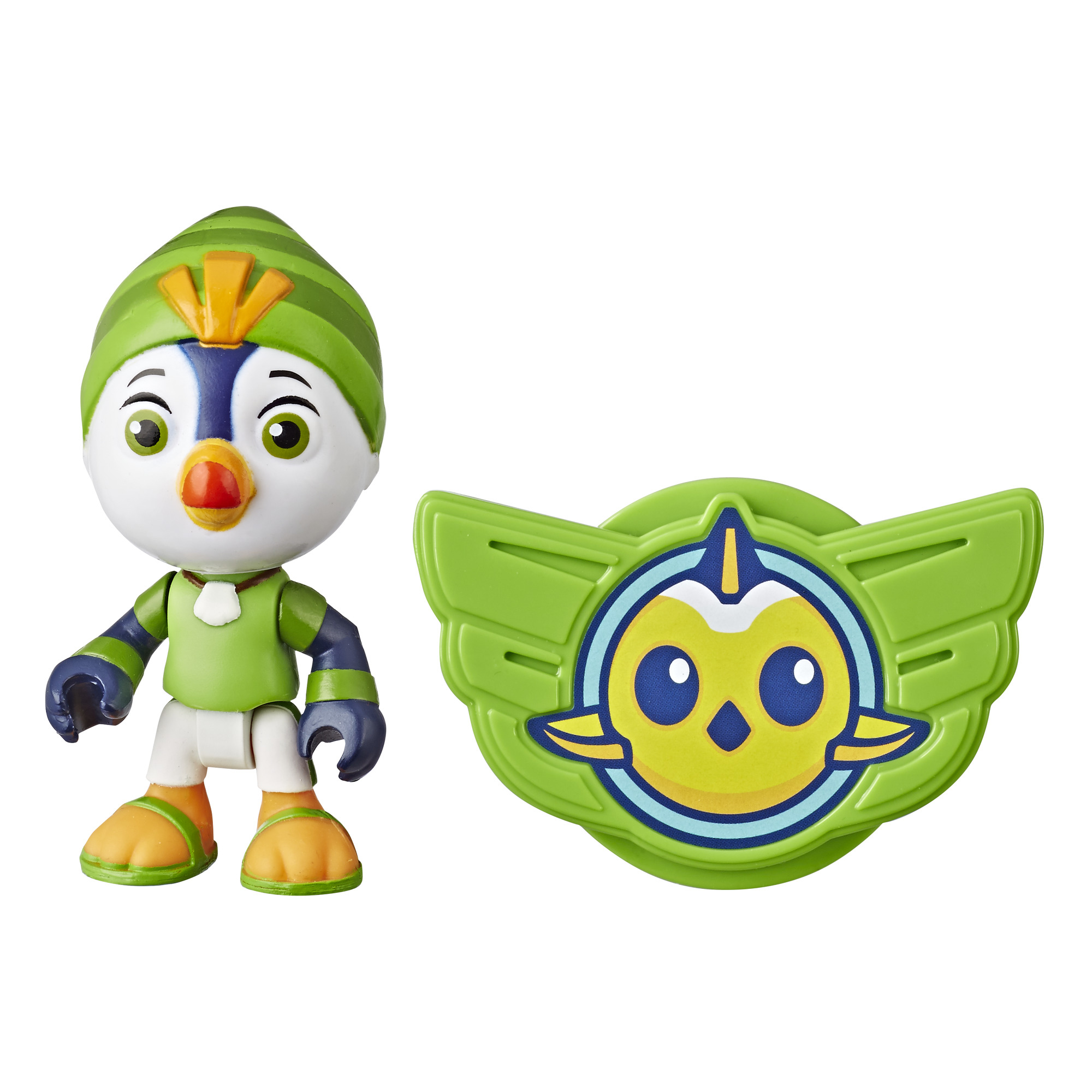 Una figura de pingüino con logo, colores verde y blanco.