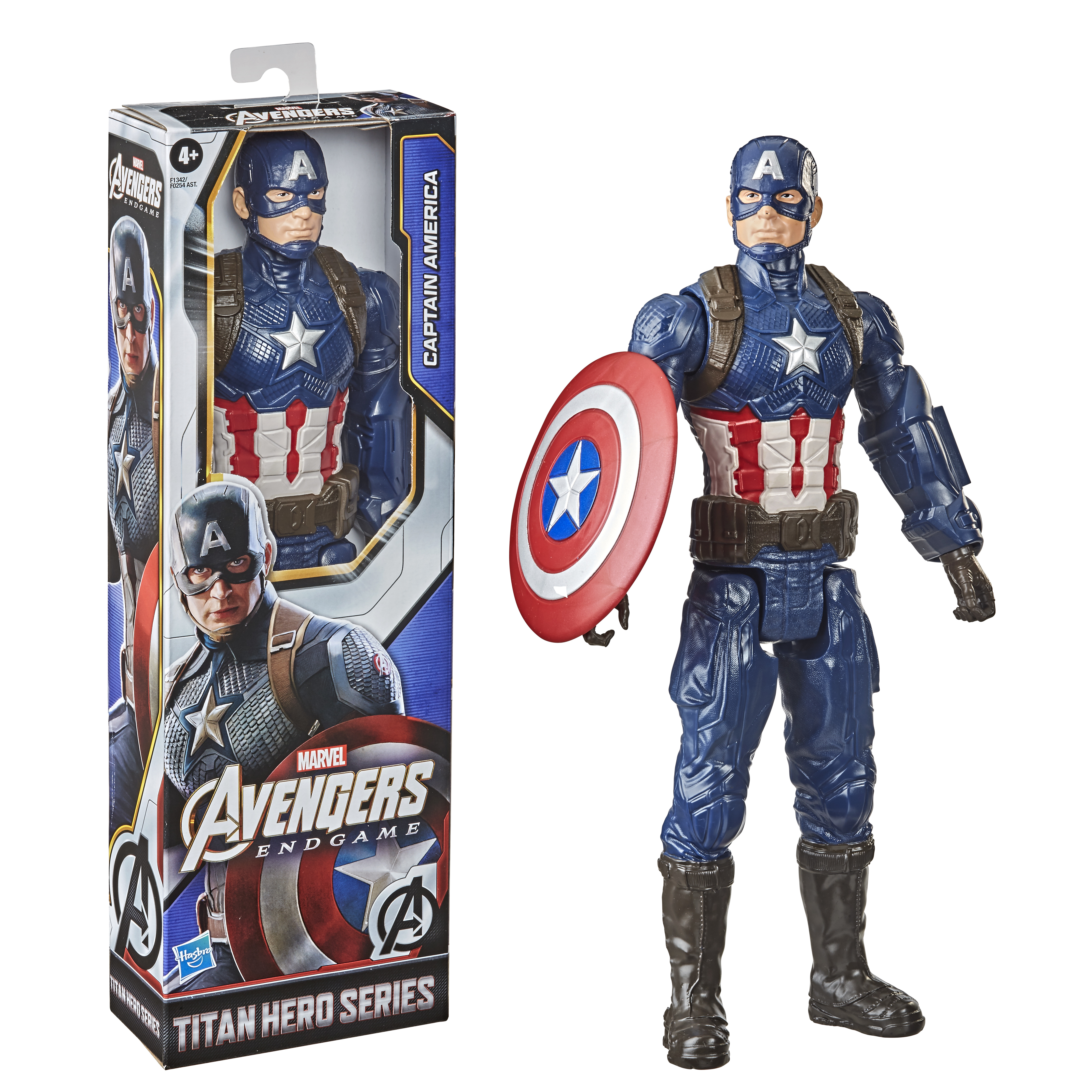 Una figura de acción del Capitán América con un escudo, empaquetada en una caja con una imagen de la figura.