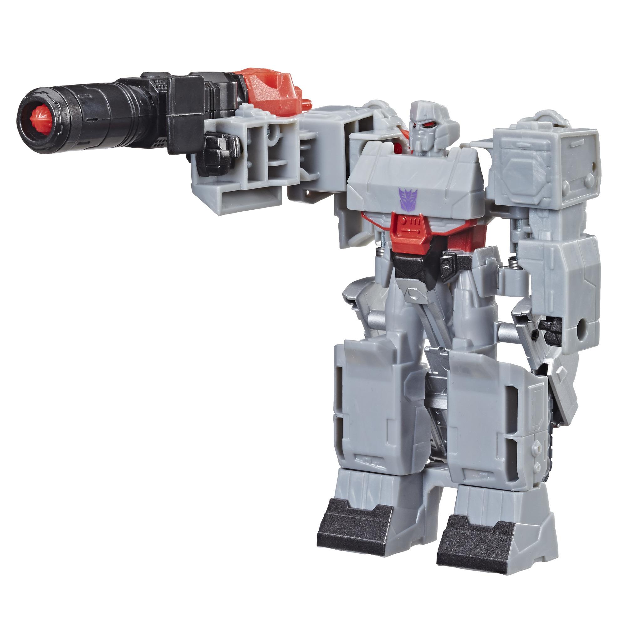Ein graues Megatron Transformer-Spielzeug auf weißem Hintergrund. Es hat eine Waffe am Arm.