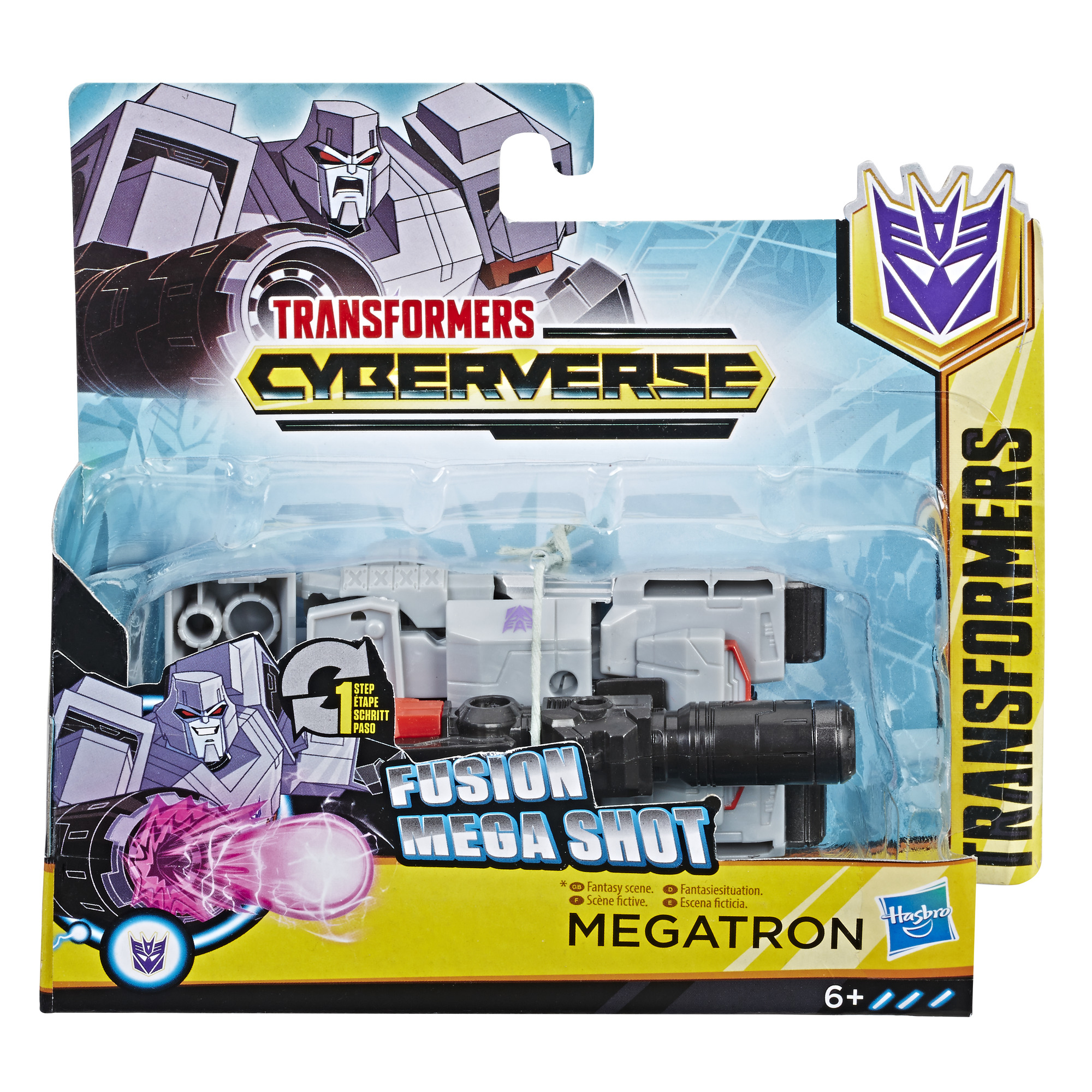 Megatron Transformer Spielzeug in Verpackung. Die Verpackung zeigt eine Grafik mit rosa Lasereffekt.