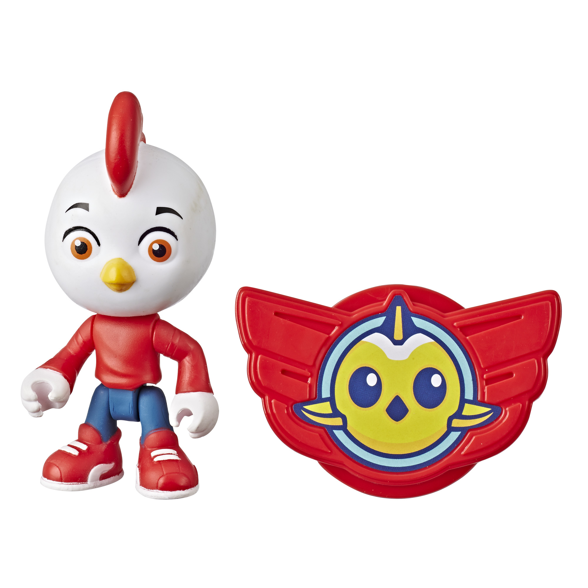 Un juguete de pollo de dibujos animados con cuerpo rojo, cabeza blanca y logotipo rojo.