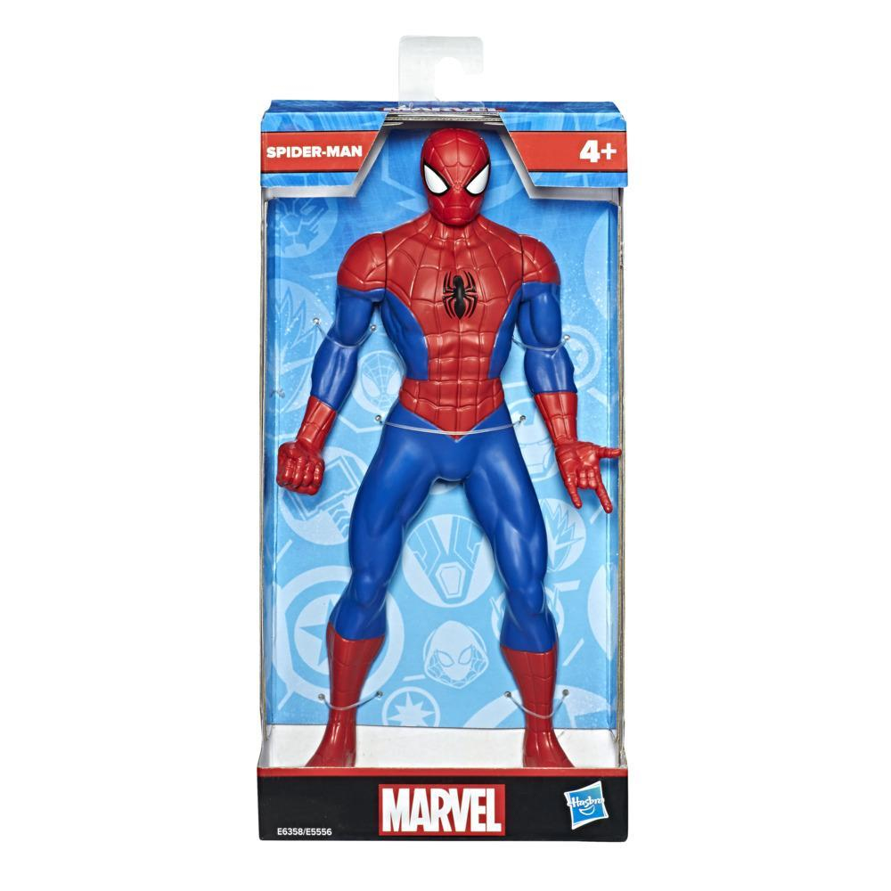 Figura di Spider-Man in una scatola. La scatola è blu e ha un'immagine di Spider-Man.