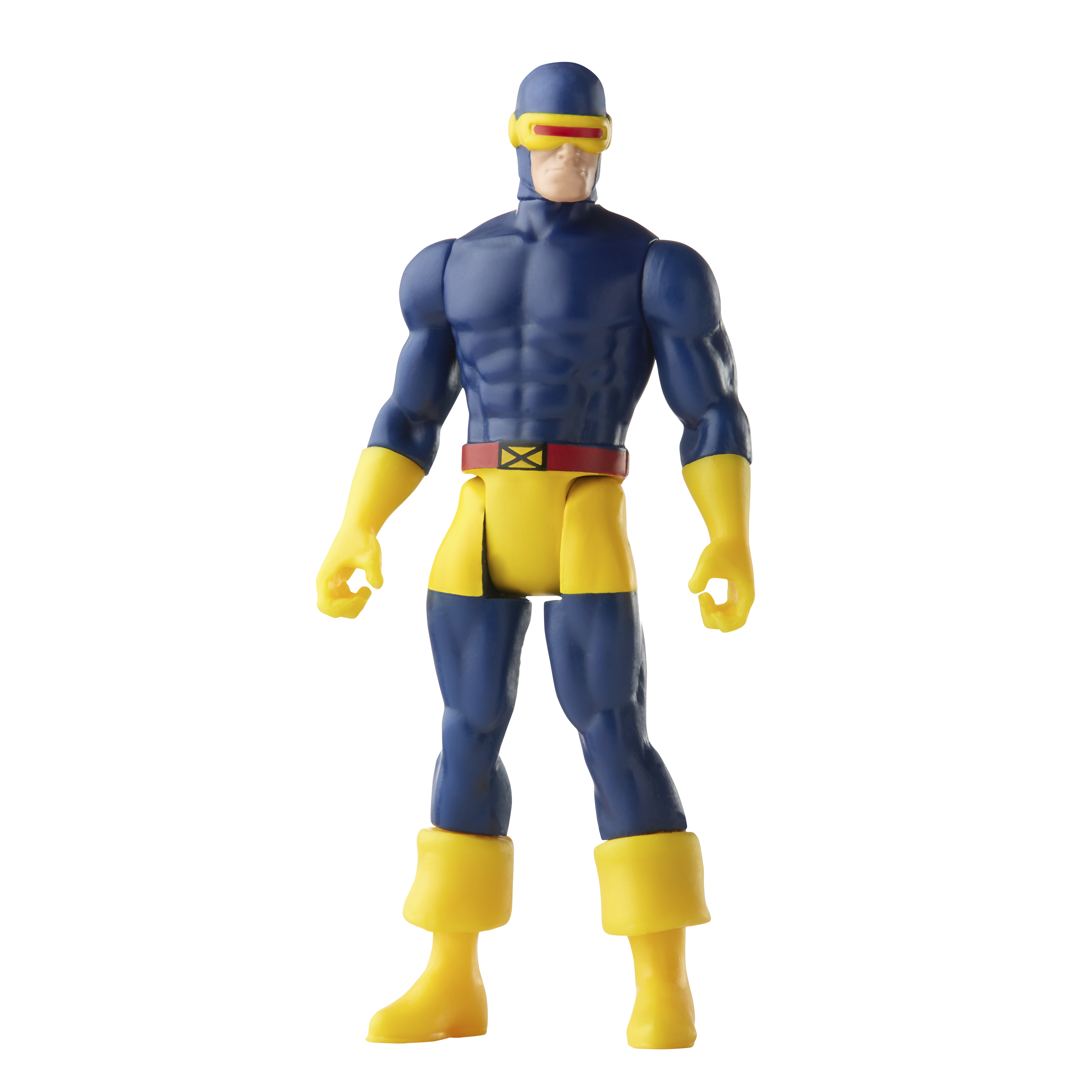 Cyclops Actionfigur. Blauer und gelber Superheld mit Visier, gelben Stiefeln und rotem Gürtel.