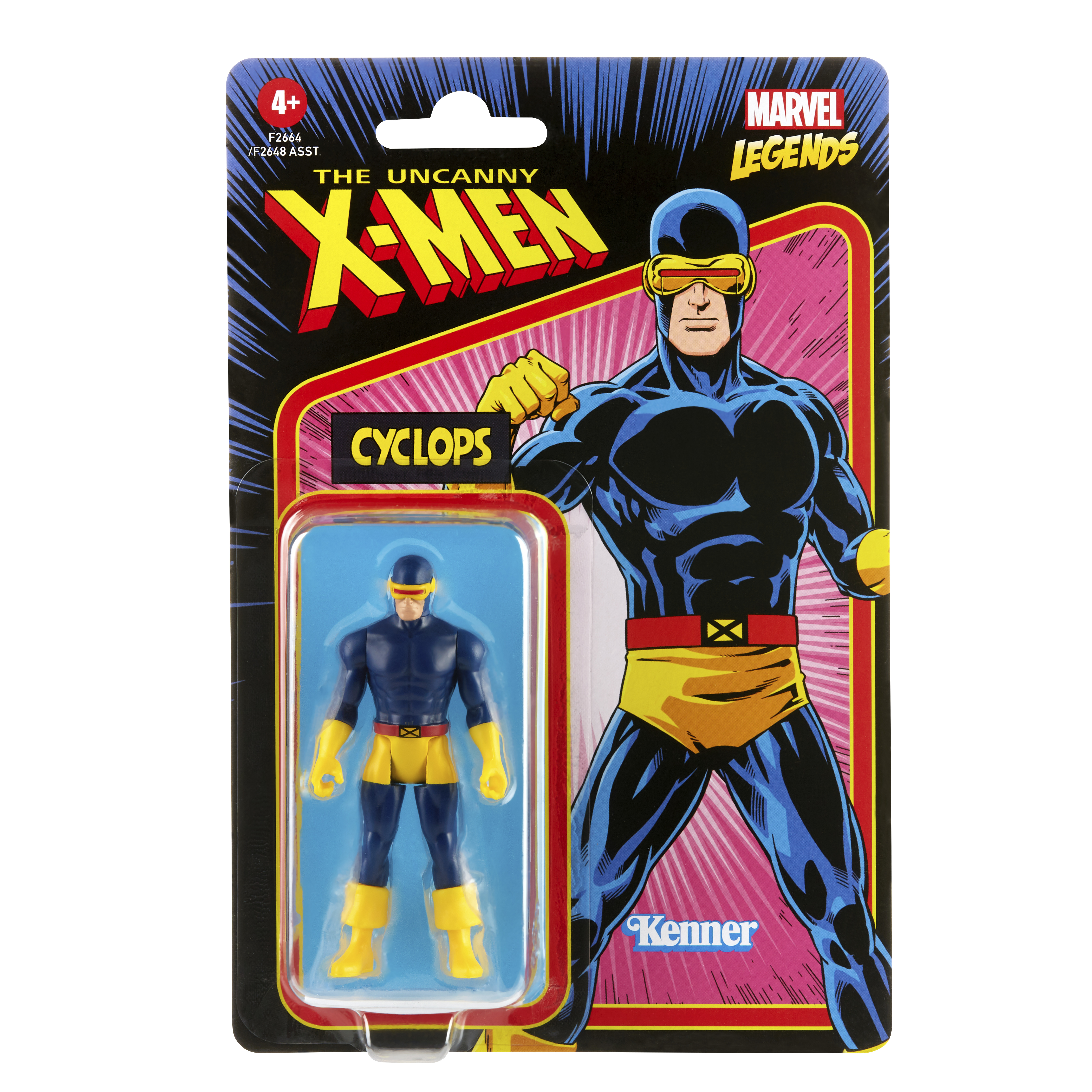 Cyclops-Spielzeug und Verpackung. Blauer Anzug, gelber Gürtel und Visier. X-Men-Logo.