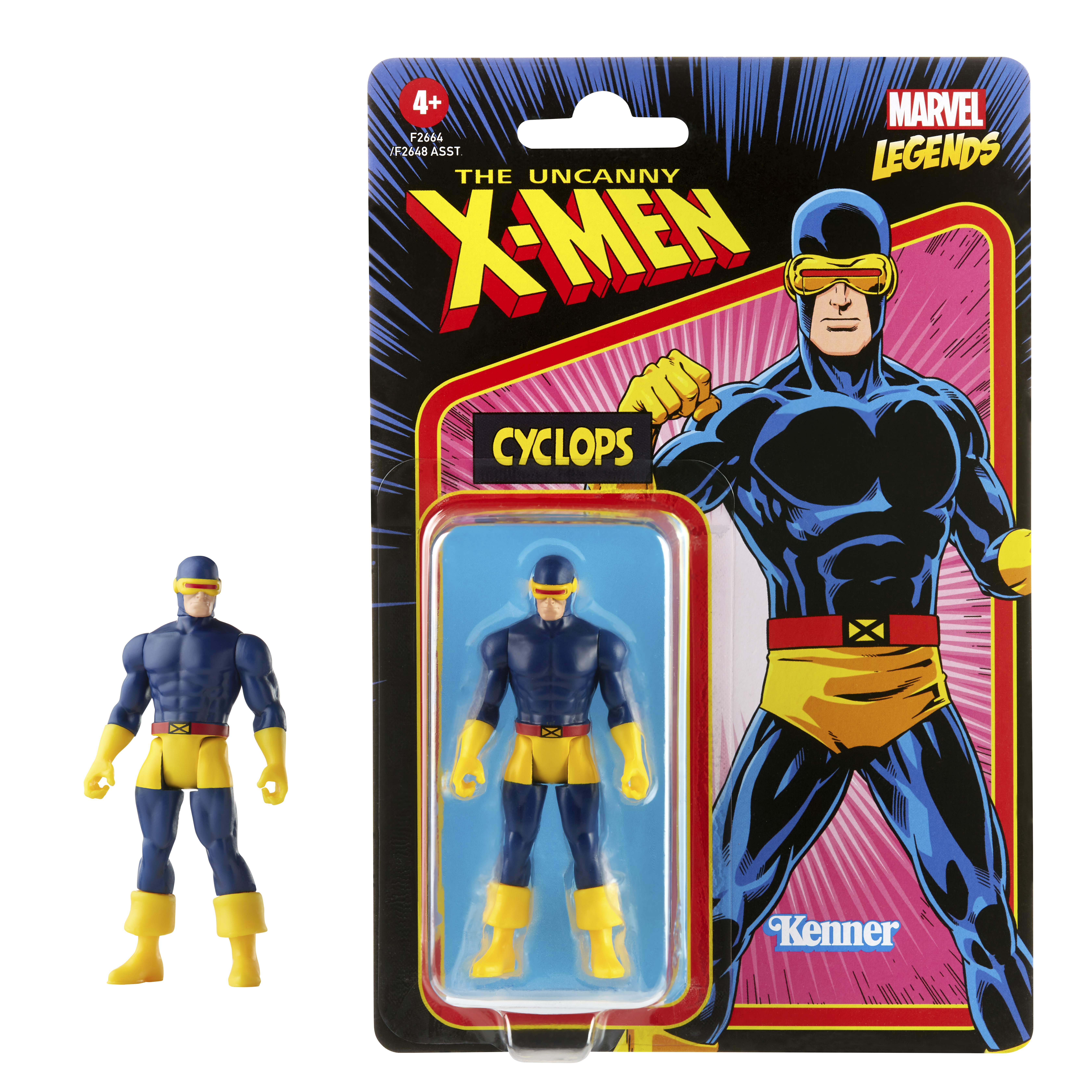 Cyclops-Actionfigur und Verpackung. Blauer und gelber Anzug, Visier. X-Men-Logo.