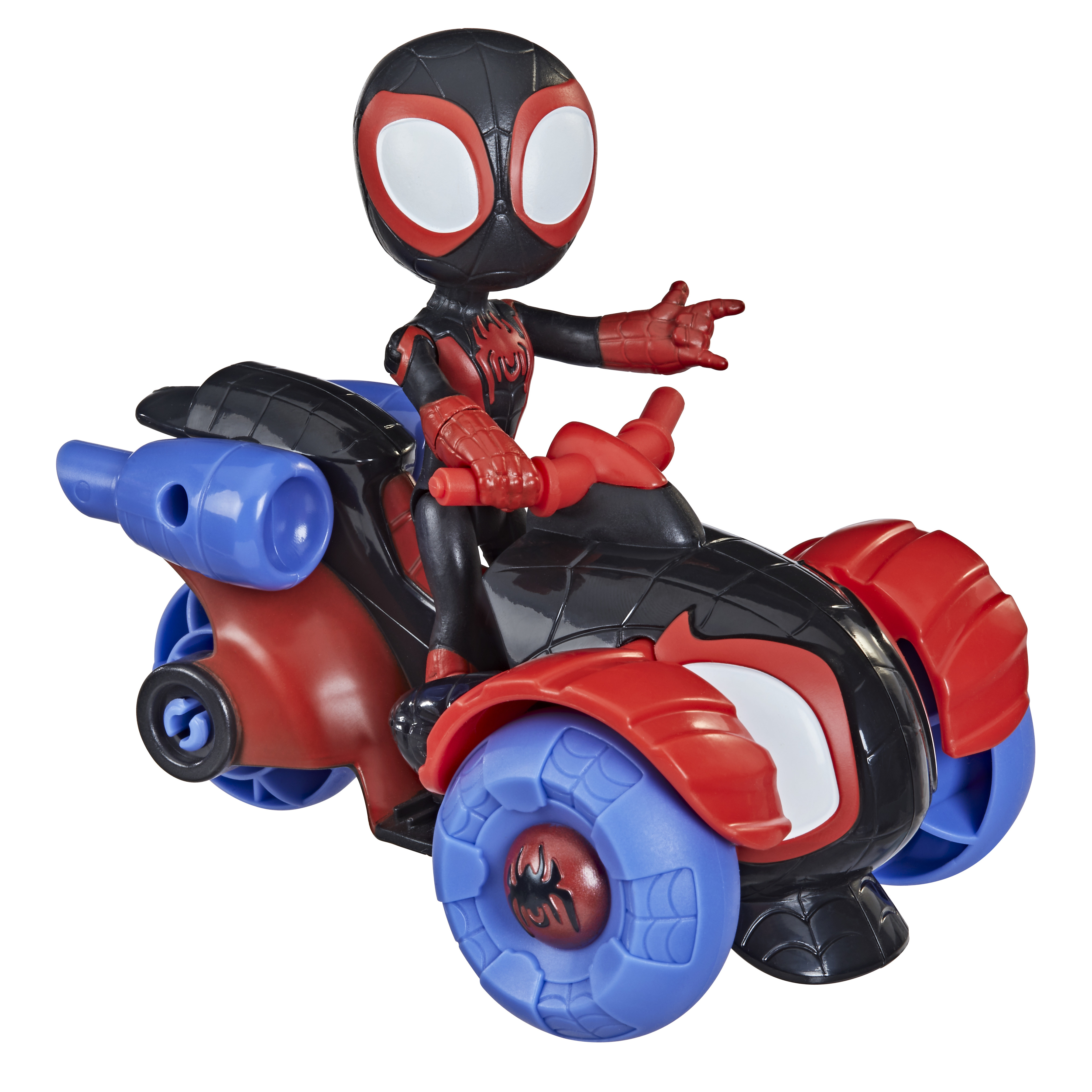 Un giocattolo di Spider-Man Miles Morales che guida un triciclo giocattolo rosso e nero.