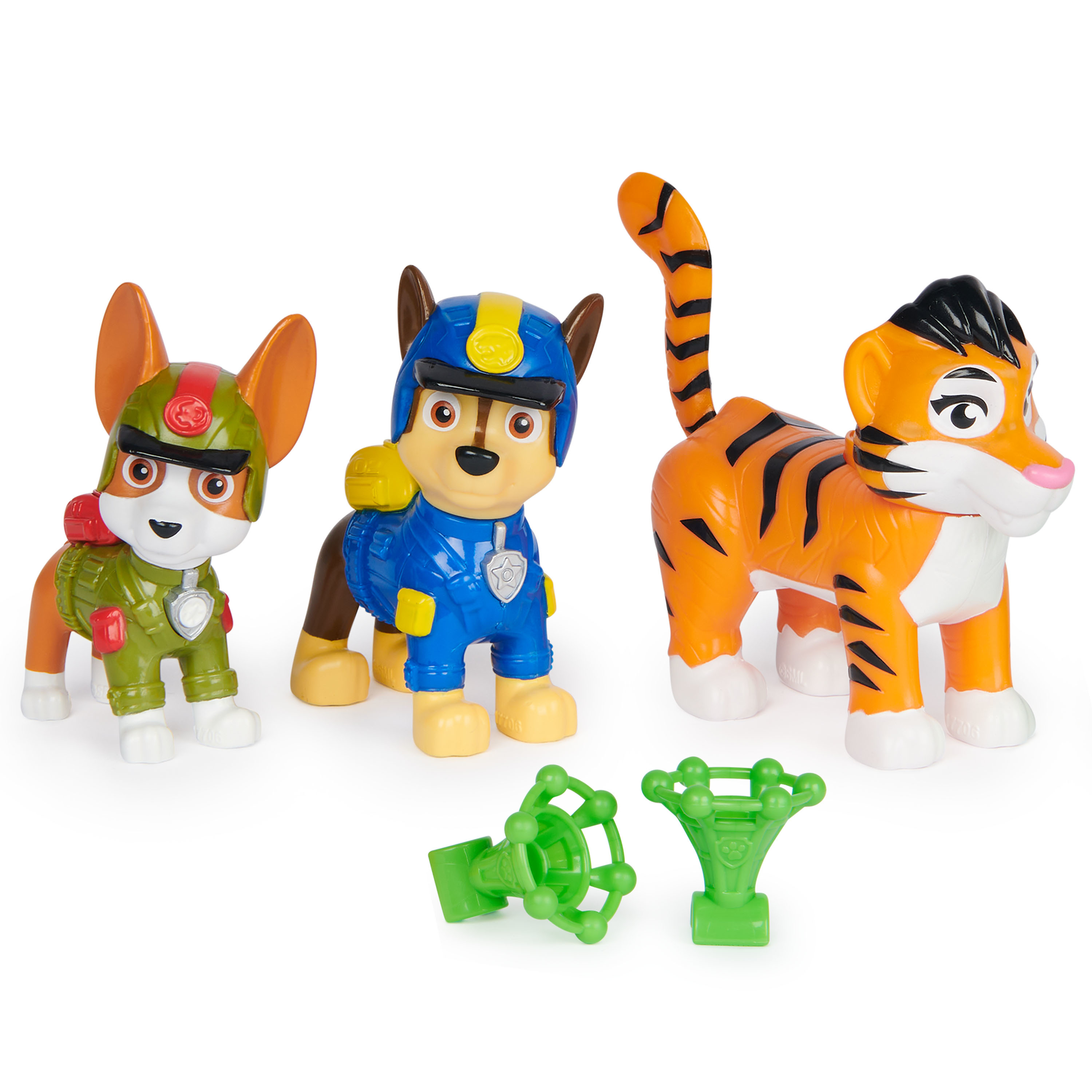 Drei Paw Patrol Figuren: ein Tiger, ein Hund in blauer Uniform und ein Hund in Grün.