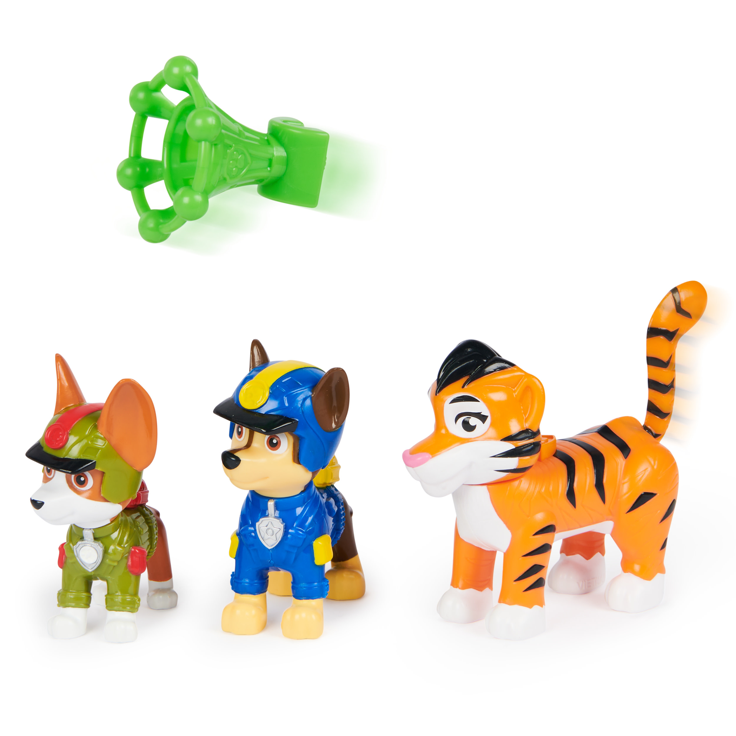 Drei Paw Patrol-Figuren und ein grünes Zubehörteil. Enthält Chase, einen Tiger und eine weitere Paw Patrol-Figur.