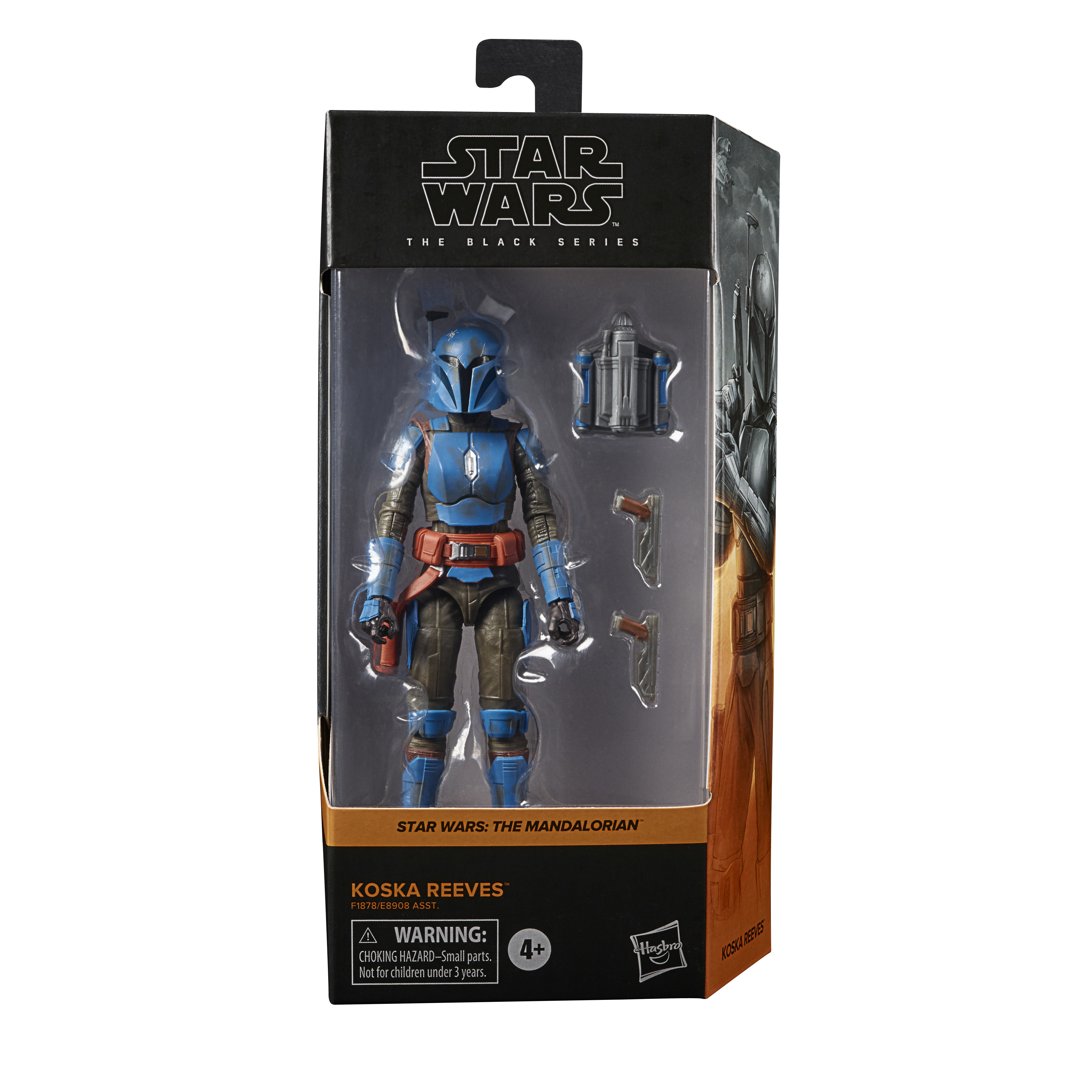 Una action figure di Star Wars di Koska Reeves nella confezione. Figura con armatura blu, accessori e box art.