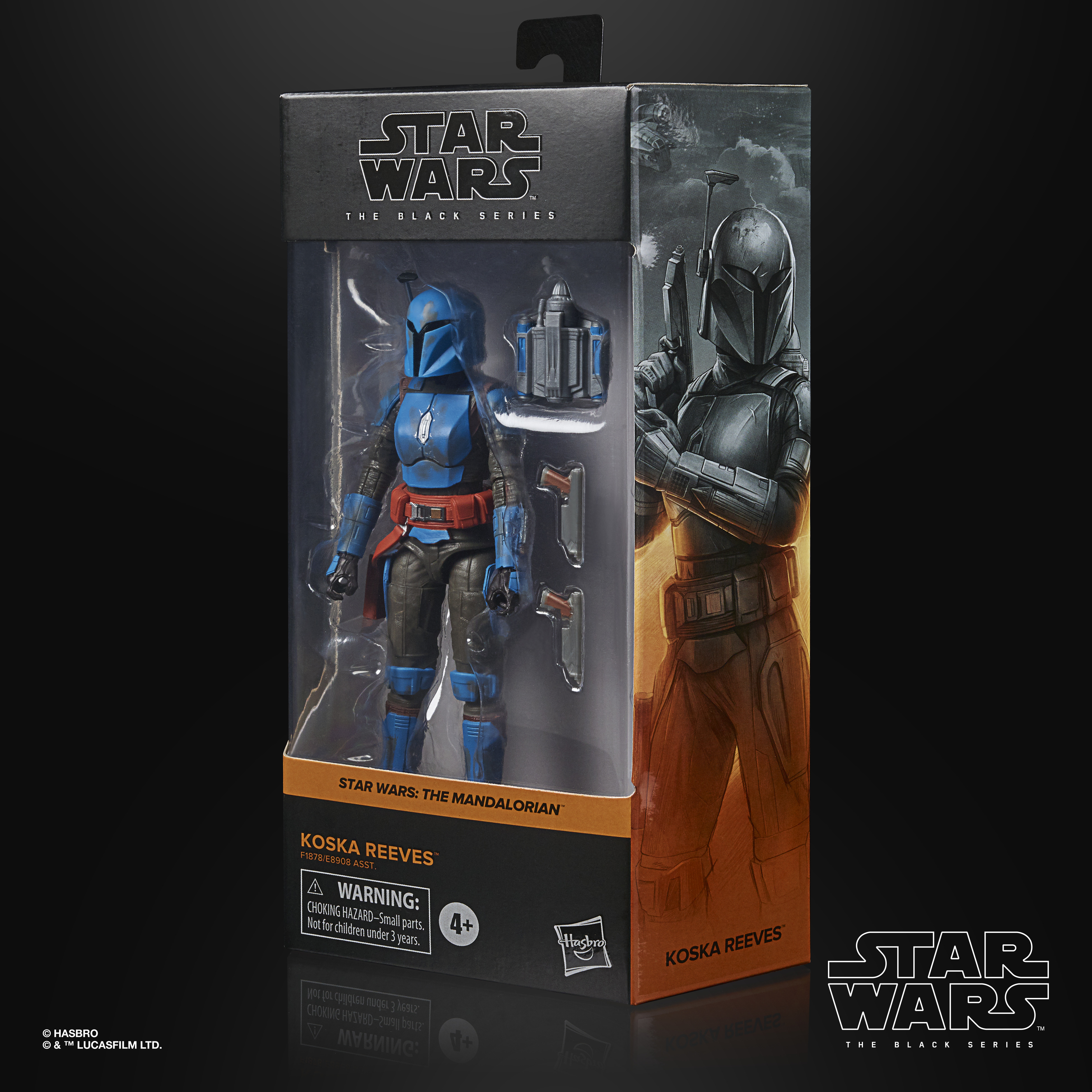 Una confezione di giocattoli che mostra una figura mandaloriana blu e rossa. La scatola ha il marchio Star Wars.