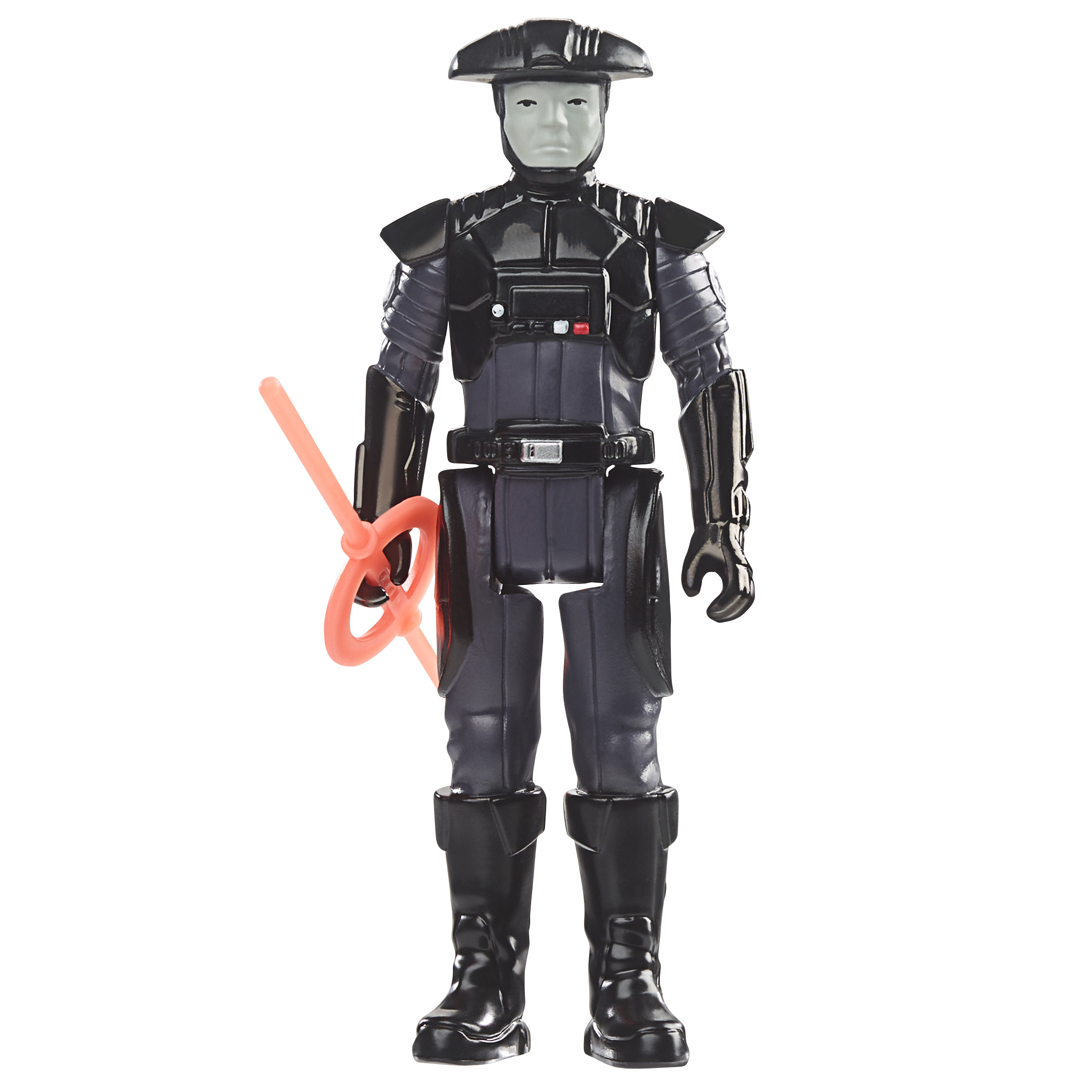 Una figura di Star Wars, personaggio vestito di scuro che tiene una spada laser rosa a doppia lama, su bianco.