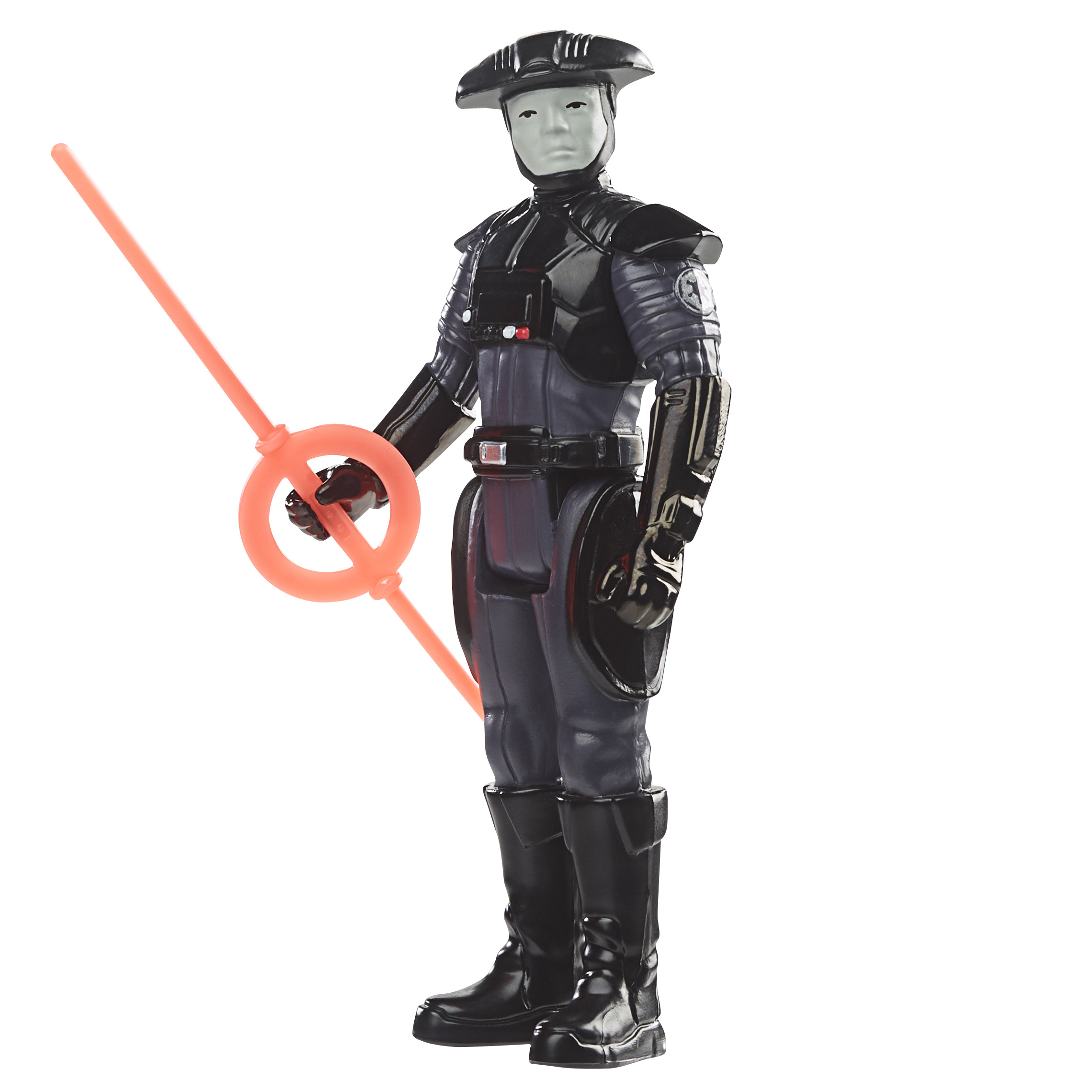 Figura di Star Wars. Uniforme nera, viso pallido, spada laser rossa. Posa in piedi.