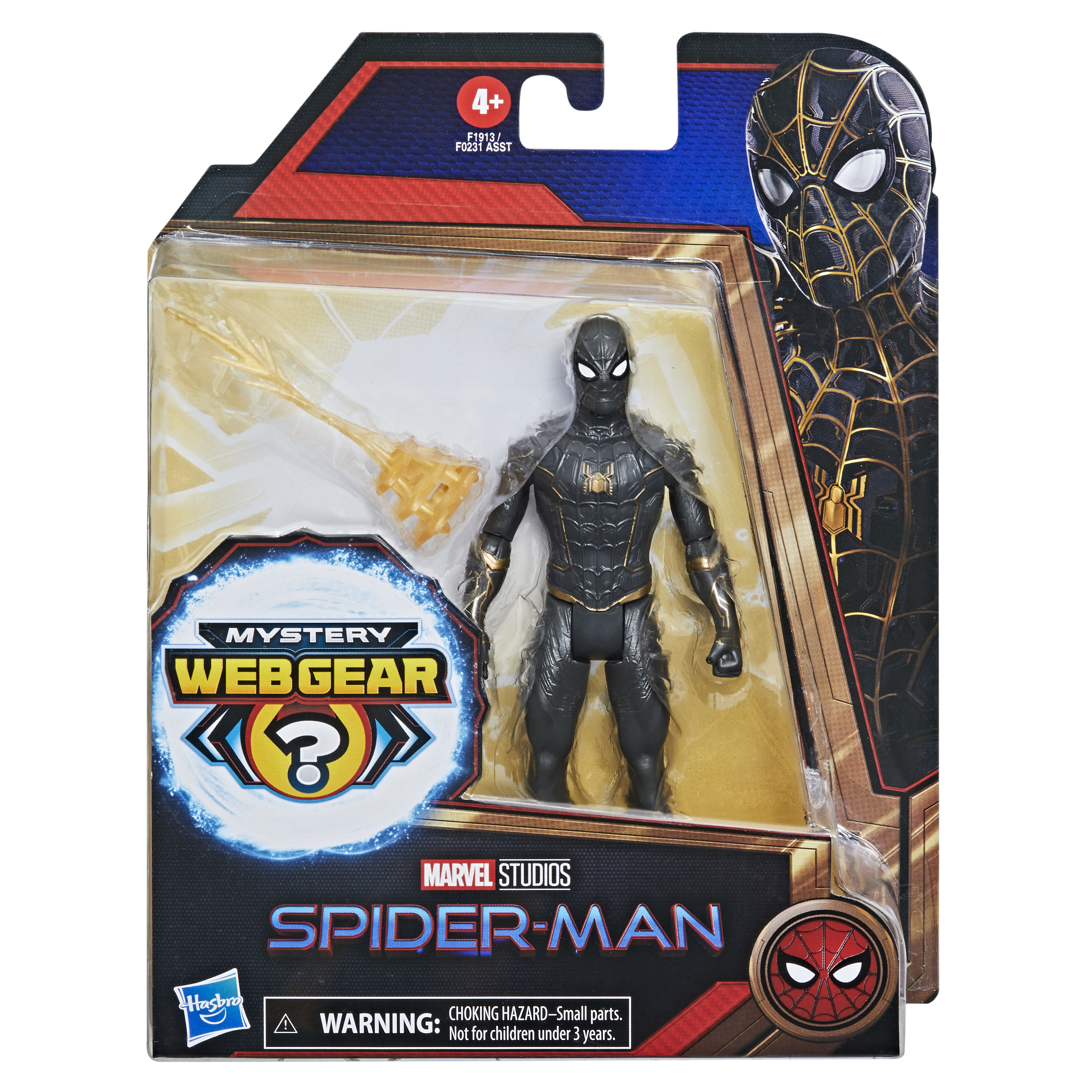 Schwarze Spider-Man-Actionfigur in einer Box. Die Figur ist schwarz und gold. Die Box hat das Spider-Man-Logo.