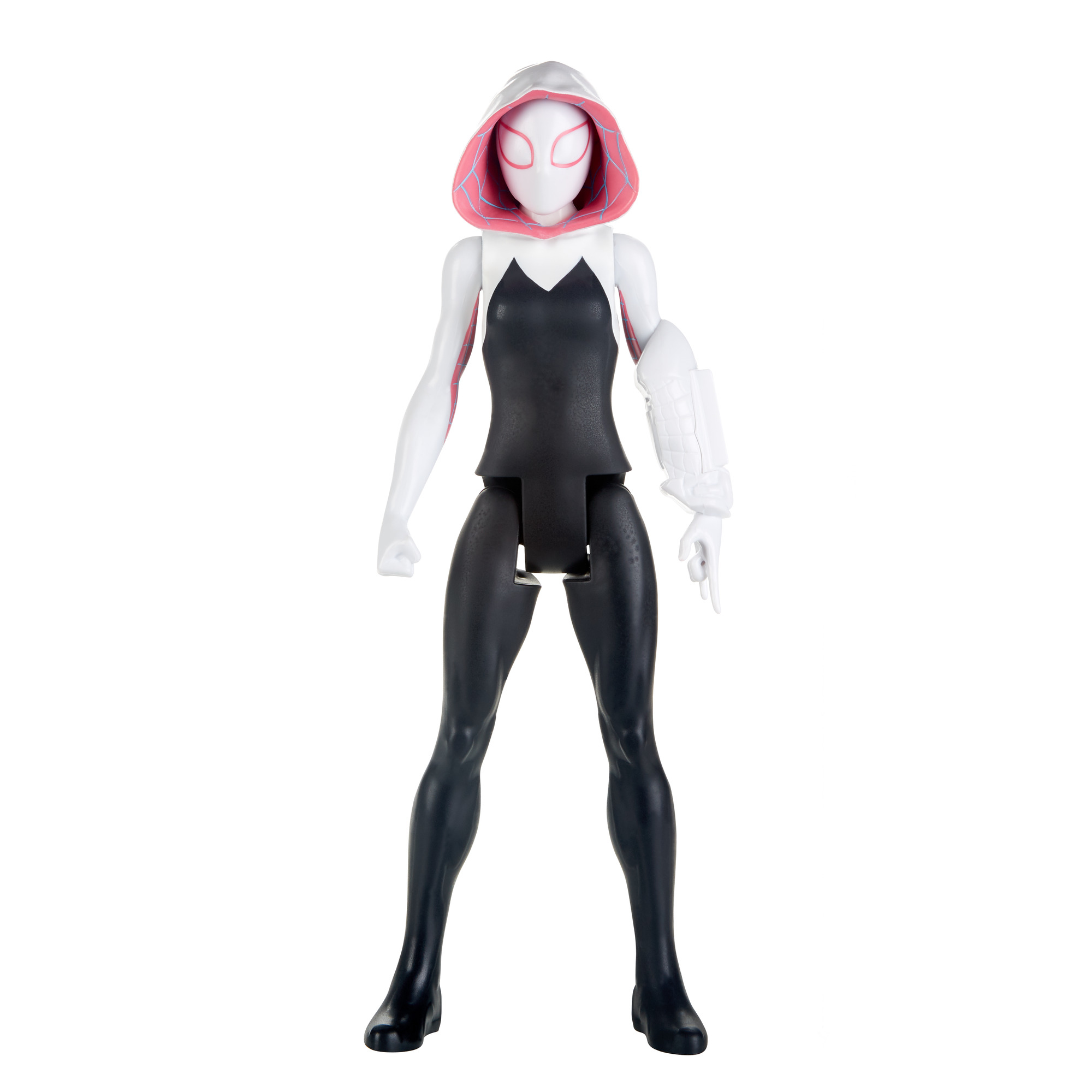 Figura de acción de Spider-Gwen. Traje blanco, negro y rosa. De pie, mano extendida.