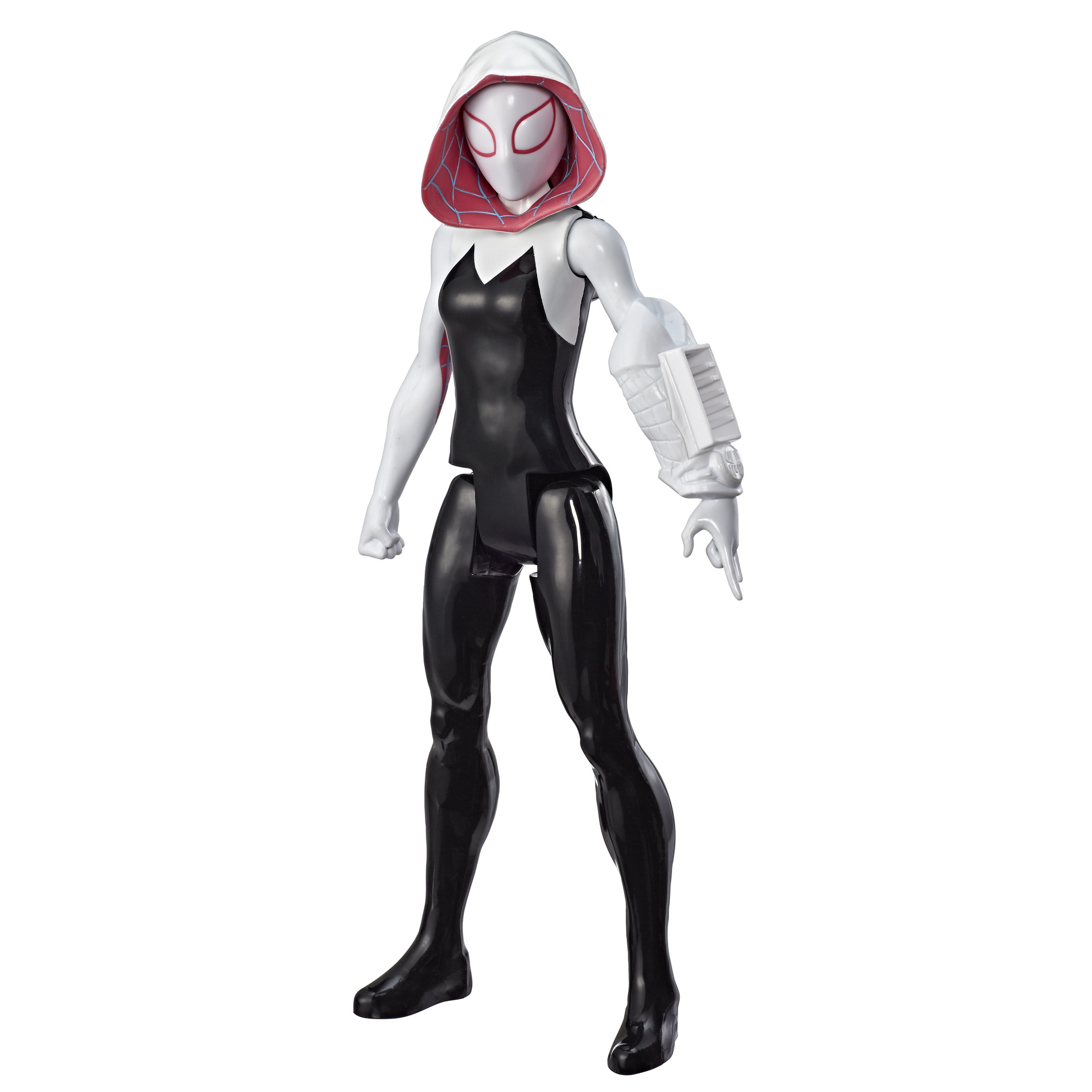 Figura de acción de Spider-Gwen. Traje blanco, negro y rosa. De pie, mano extendida.