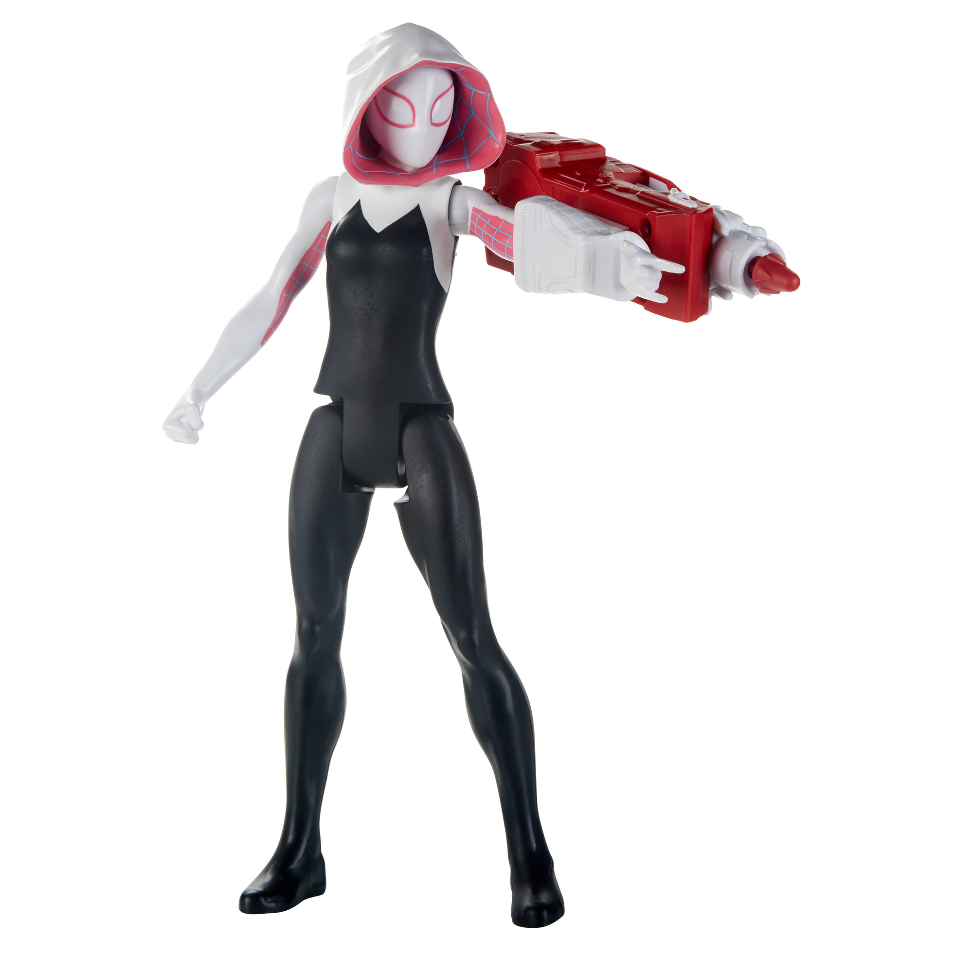Figura de acción de Spider-Gwen sosteniendo un arma roja y blanca. Lleva máscara blanca y rosa y traje blanco y negro.