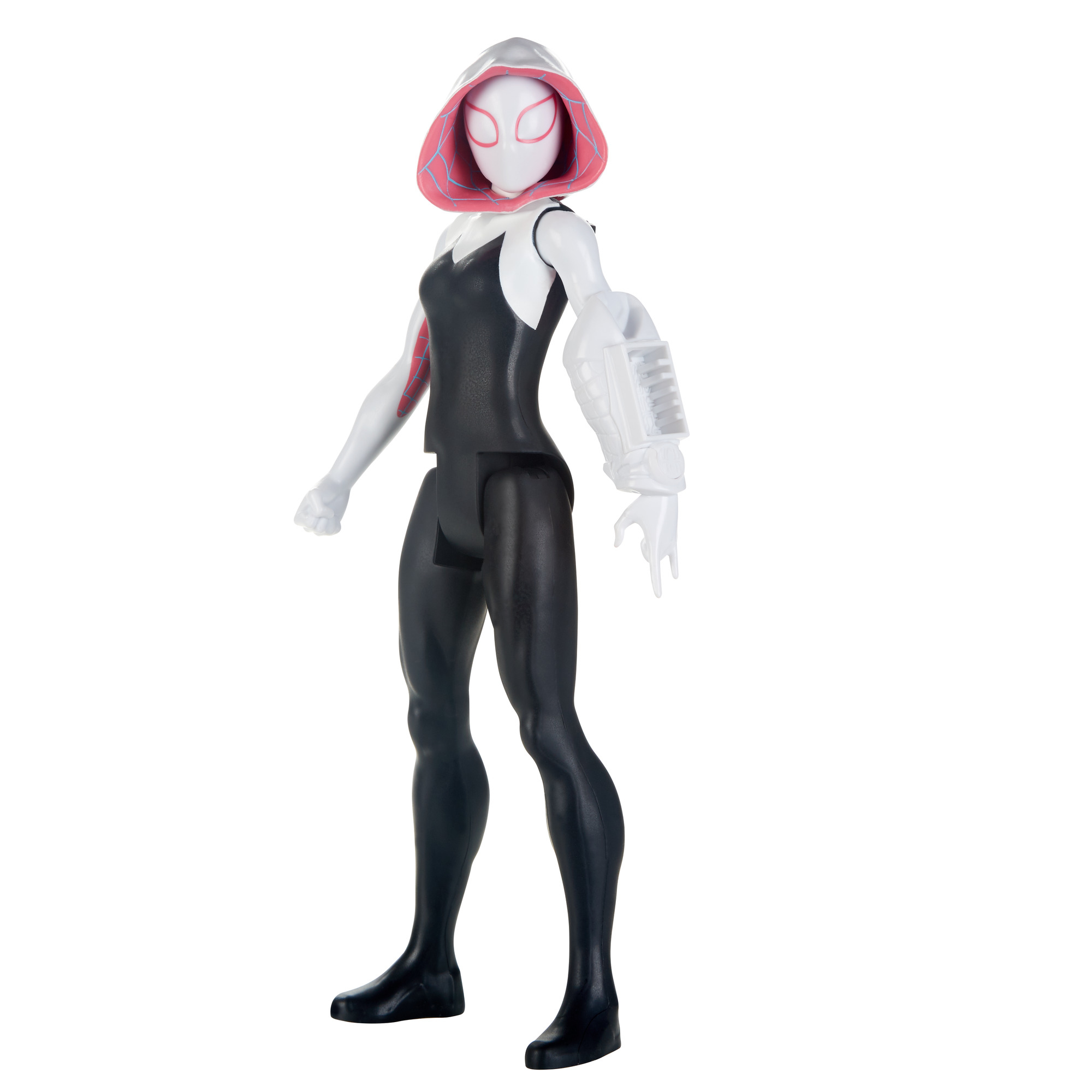 Figura de acción de Spider-Gwen. Traje blanco, negro y rosa. De pie, mano extendida.