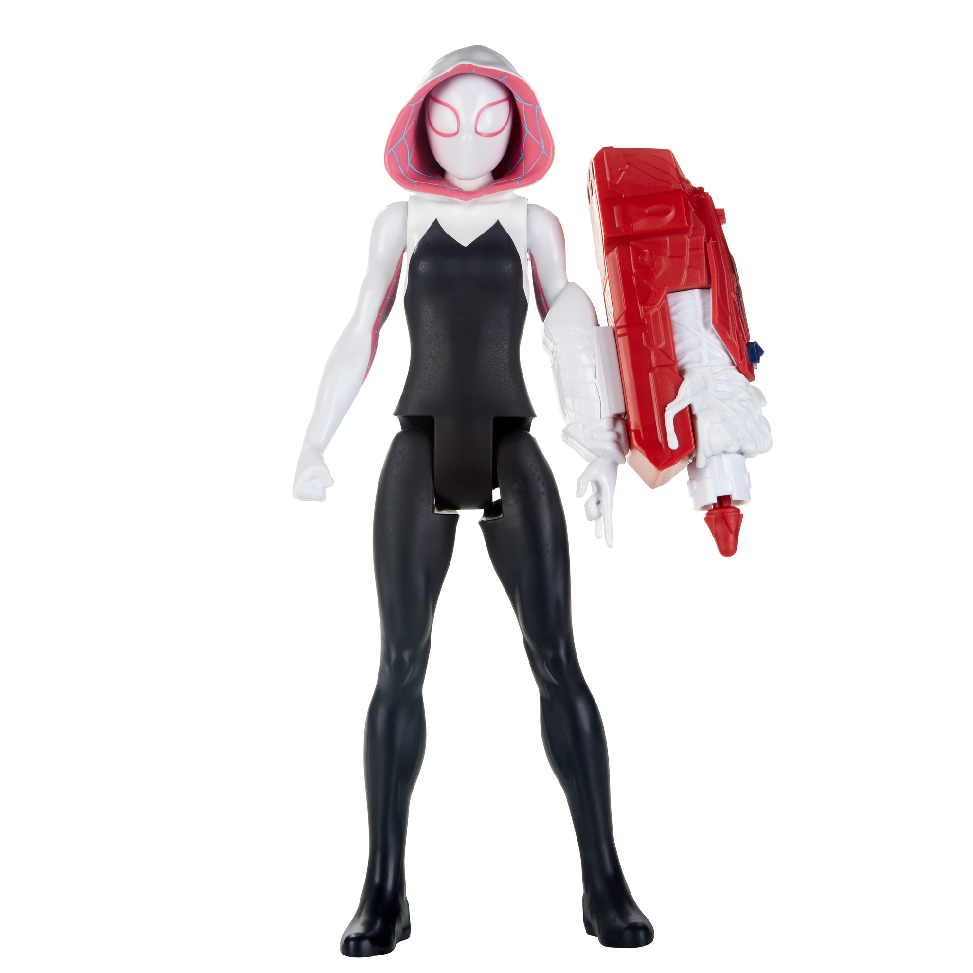 Figura de acción de Spider-Gwen con un lanzador de telarañas rojo. Usa un traje blanco y negro.