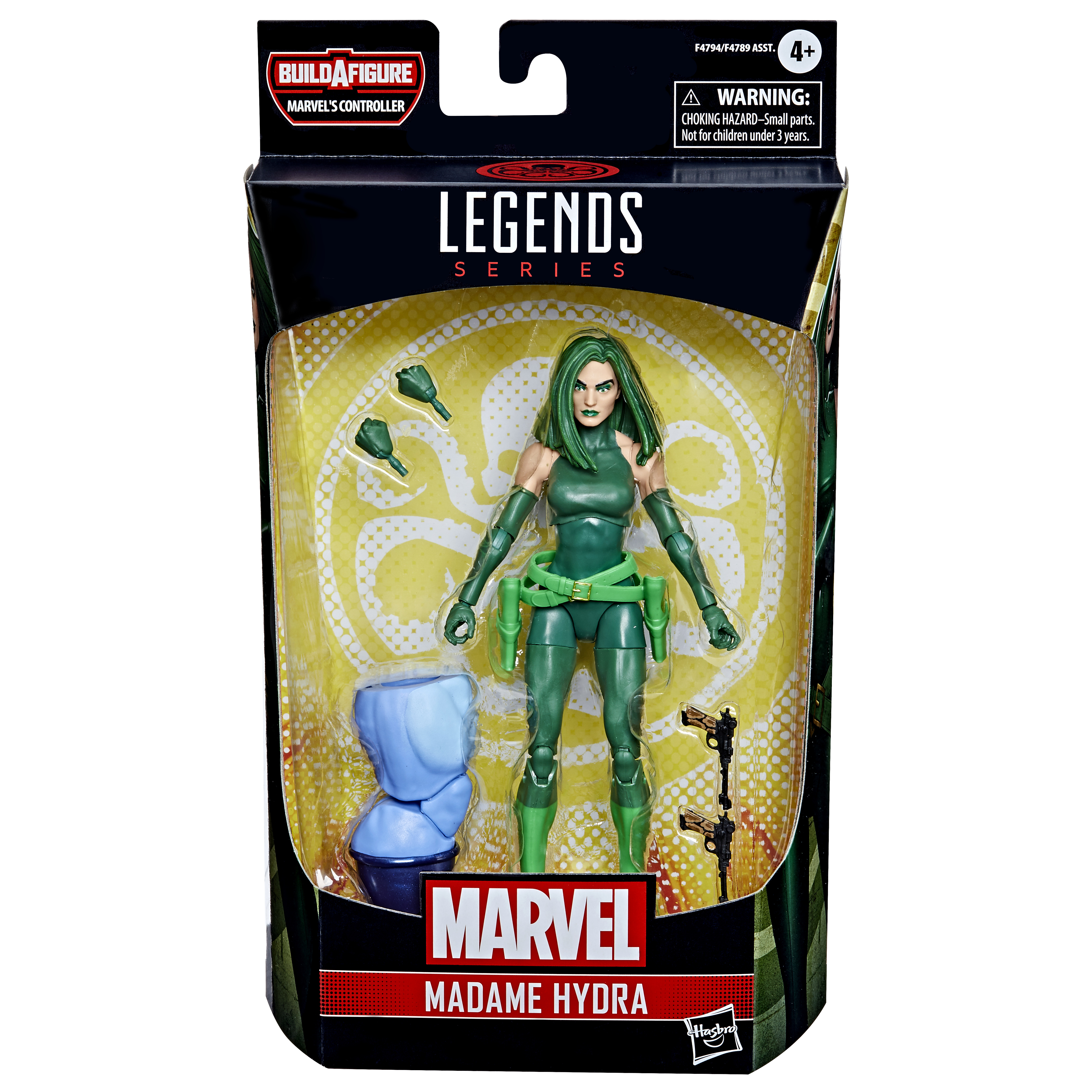 Figura de acción de Madame Hydra en caja. Figura verde. Fondo blanco.