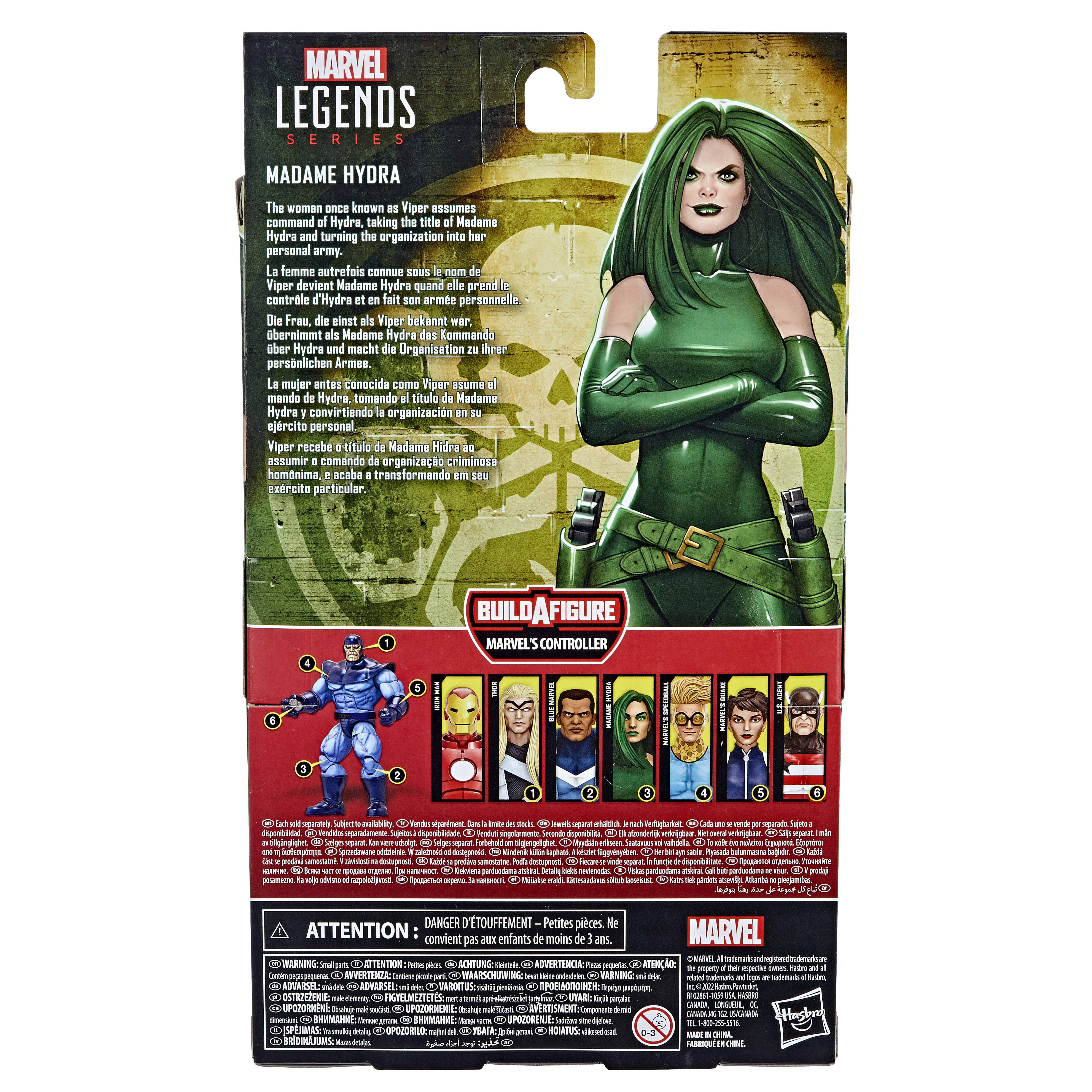 Parte trasera de la caja de Madame Hydra. Texto y una imagen de la figura. Fondo blanco.