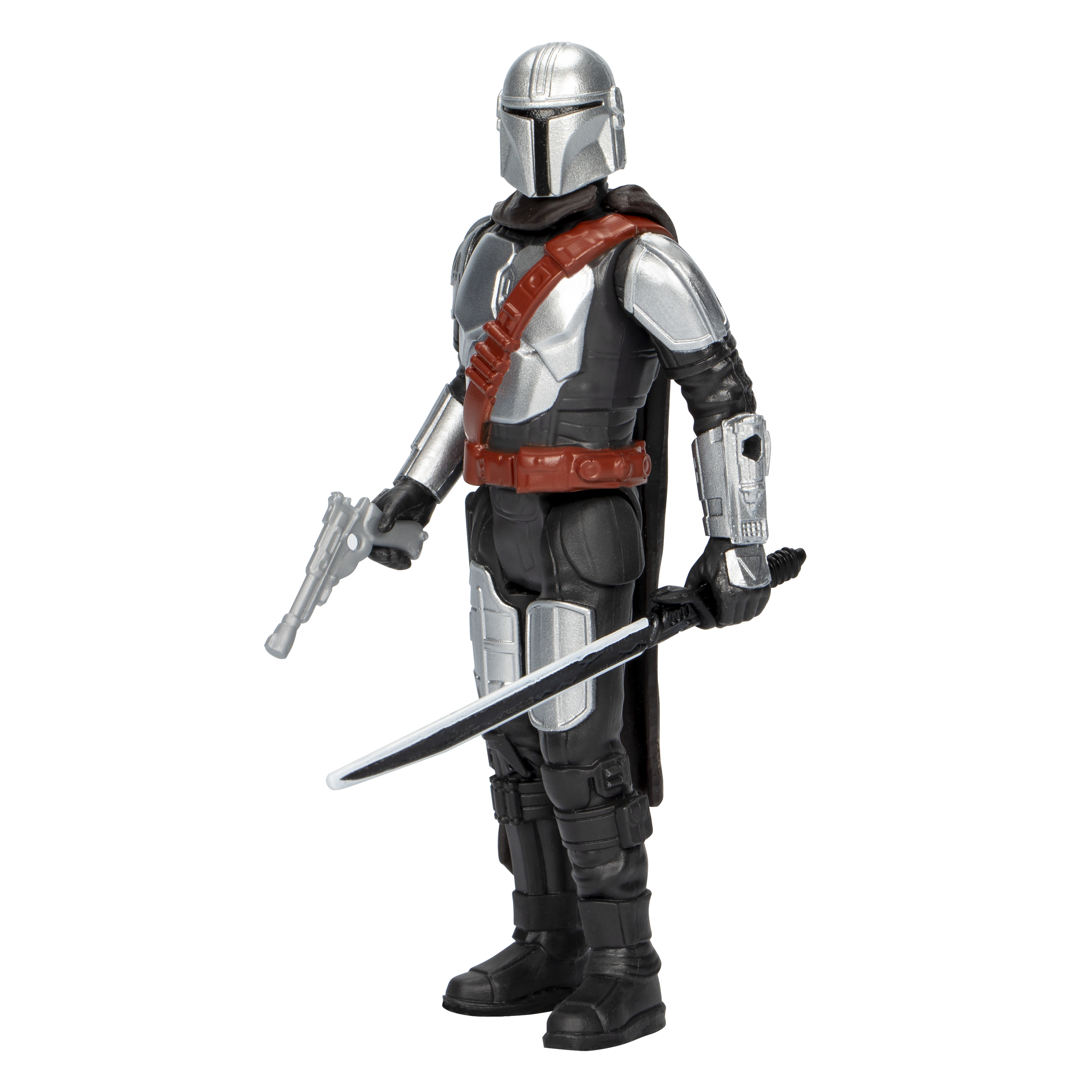 Mandalorian Figur, silberne Rüstung, schwarzer Anzug, brauner Umhang, Pistole und Schwert.