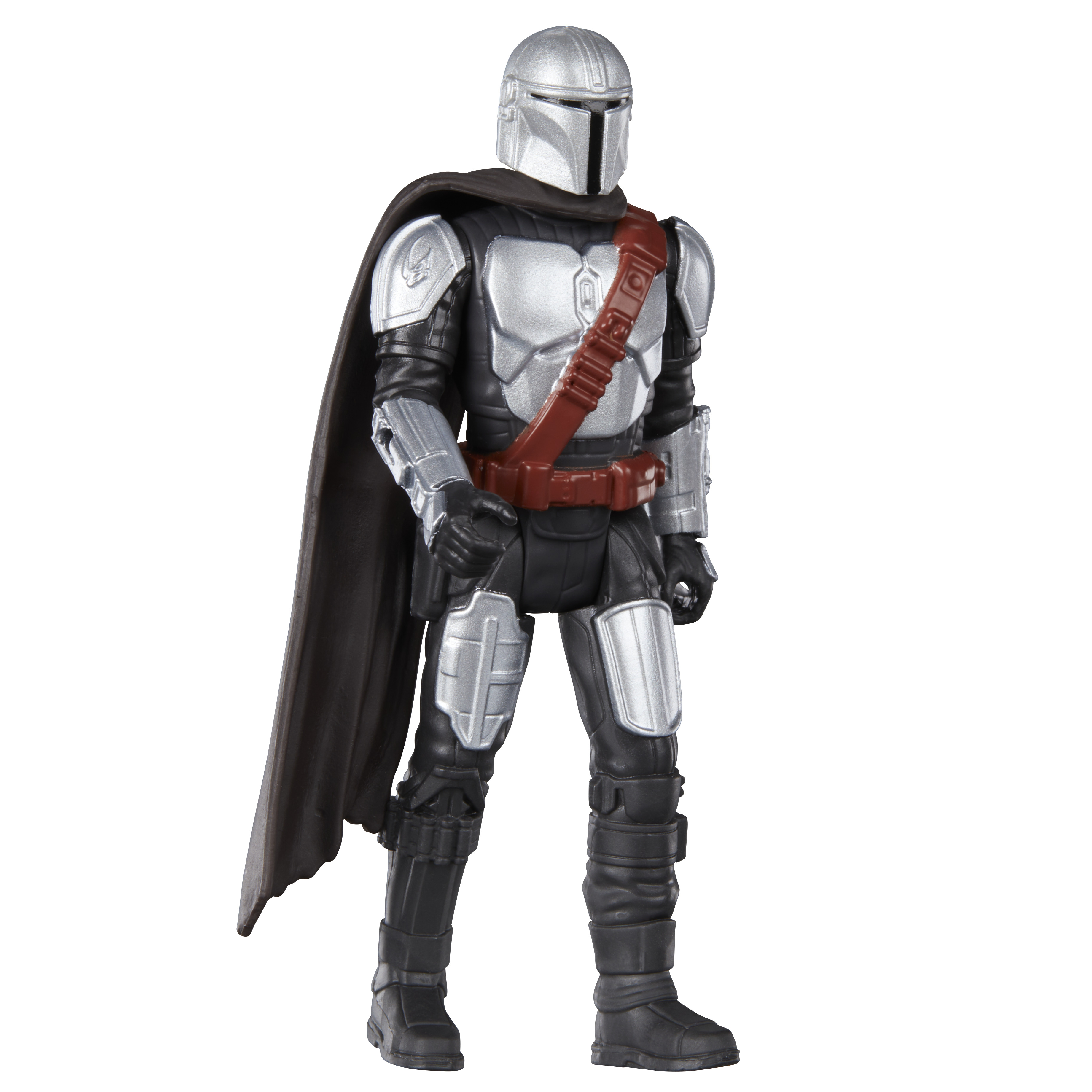Mandalorian Actionfigur. Silberne Rüstung, brauner Umhang. Weißer Hintergrund.