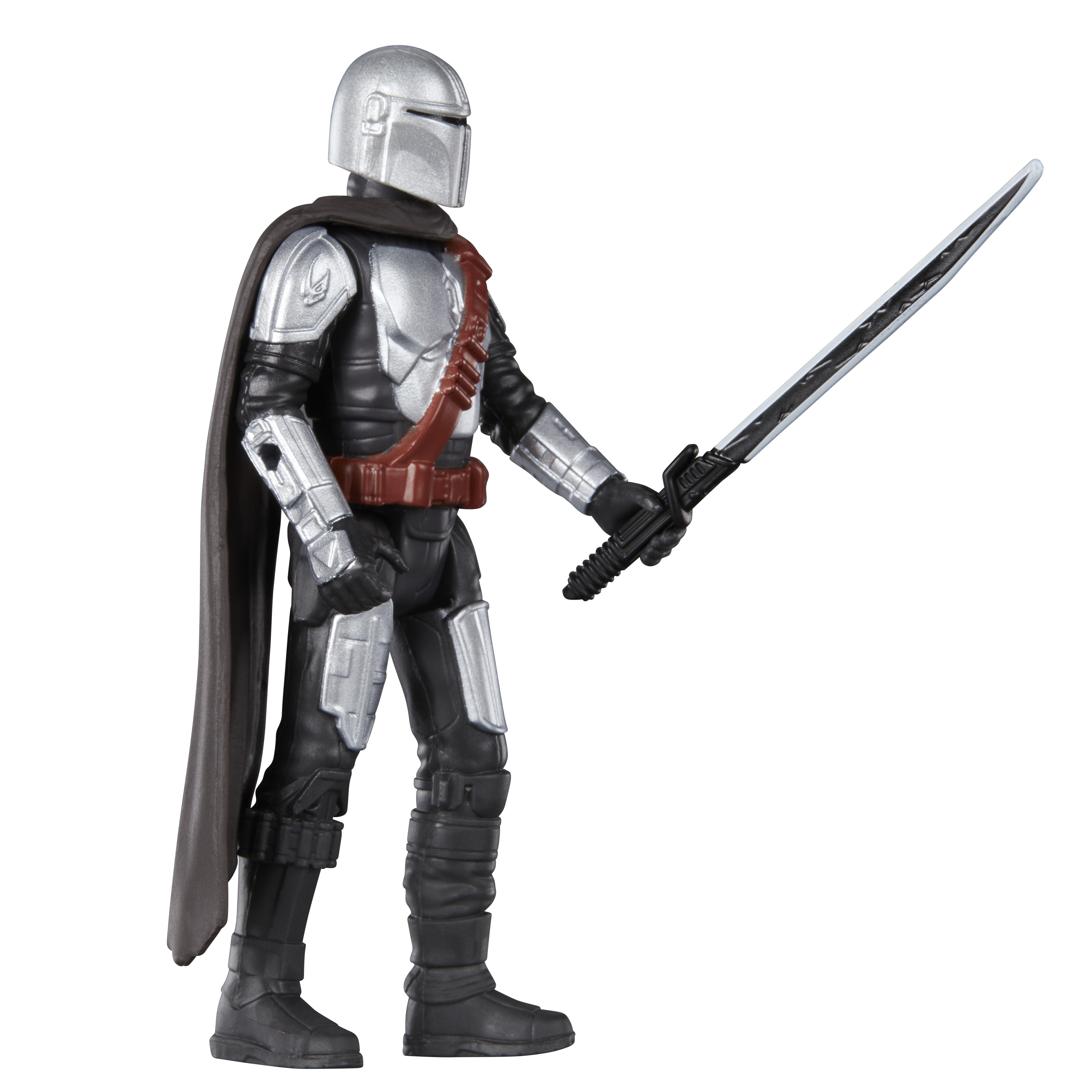 Mandalorian-Actionfigur in silberner und schwarzer Rüstung, die ein schwarzes Schwert hält. Weißer Hintergrund.