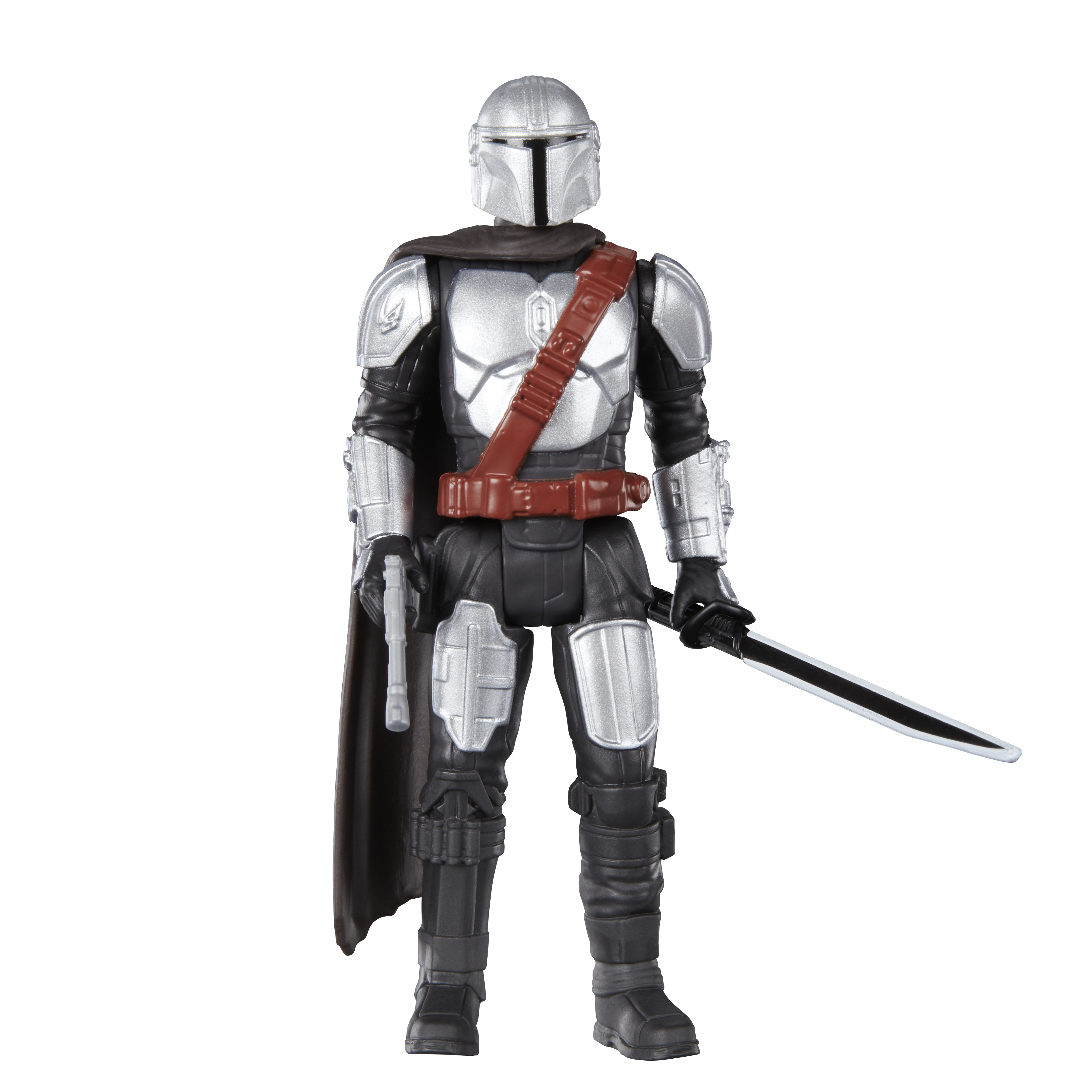 Mandalorian Figur, silberner Helm und Rüstung, schwarzer Anzug, brauner Umhang, Pistole und Schwert.