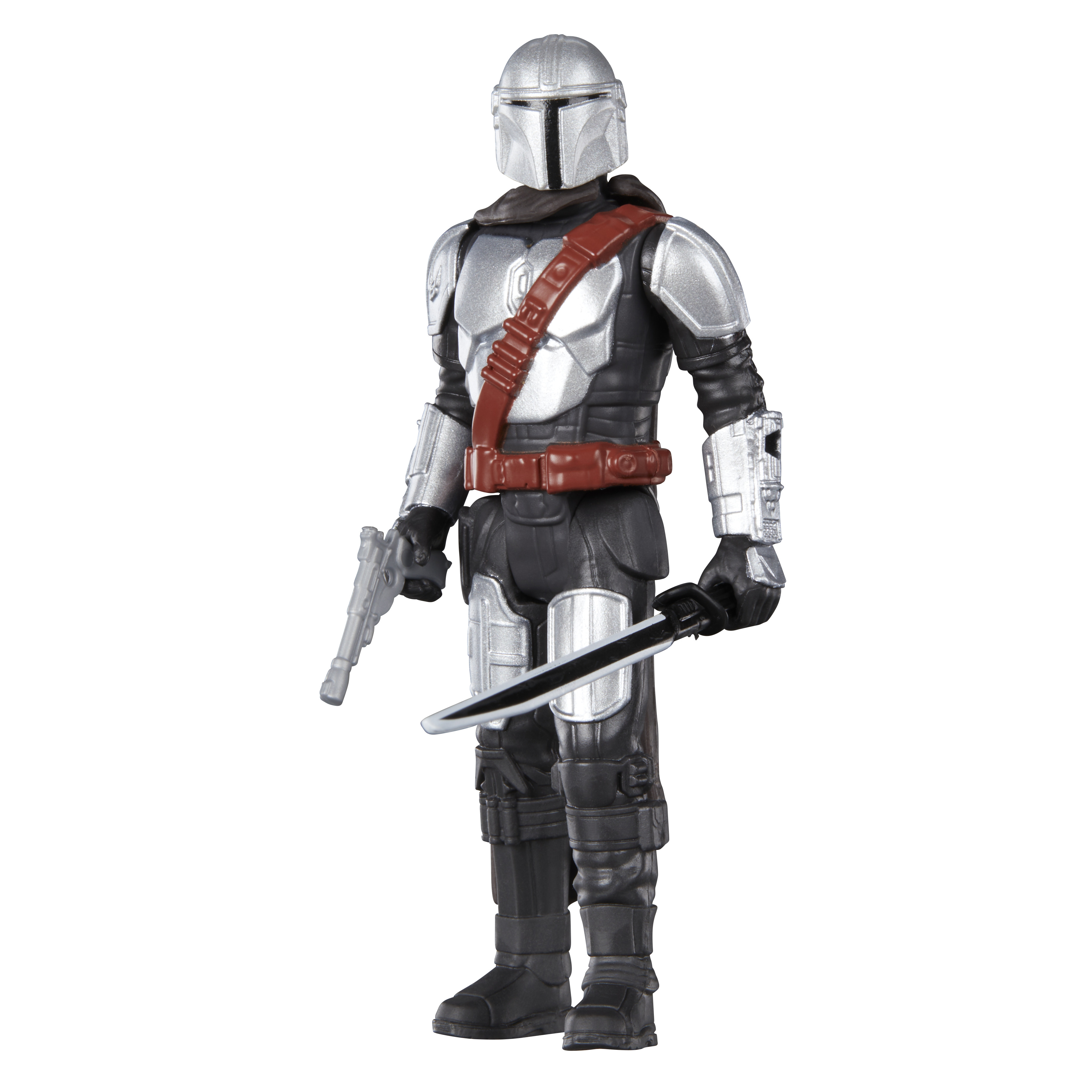 Mandalorian Actionfigur hält Waffen. Silberne Rüstung, schwarzer Hintergrund.