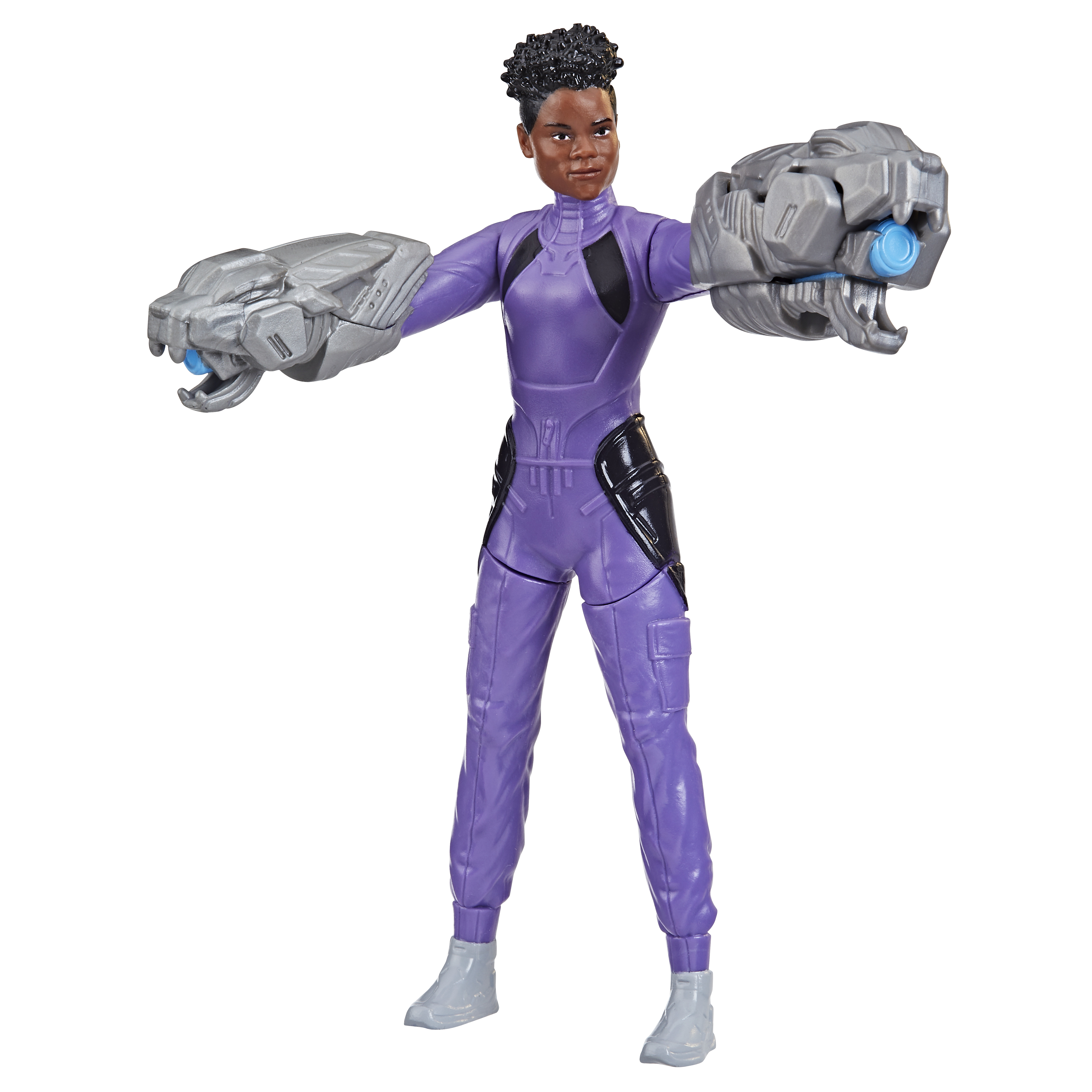 Un'action figure in abito viola con braccia robotiche. Uno sfondo bianco.