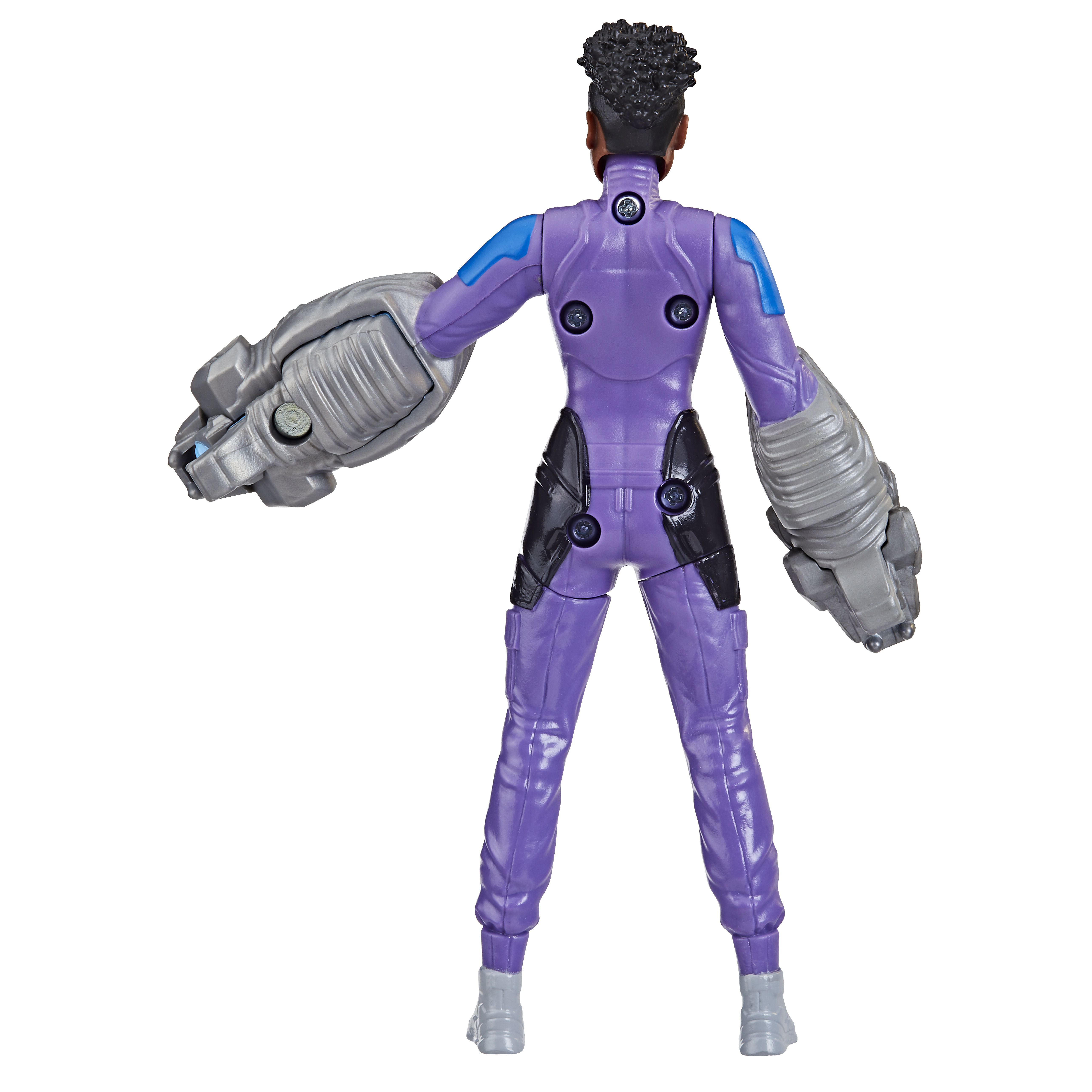 Una figura in viola, con braccia robotiche, vista da dietro. Sfondo bianco.