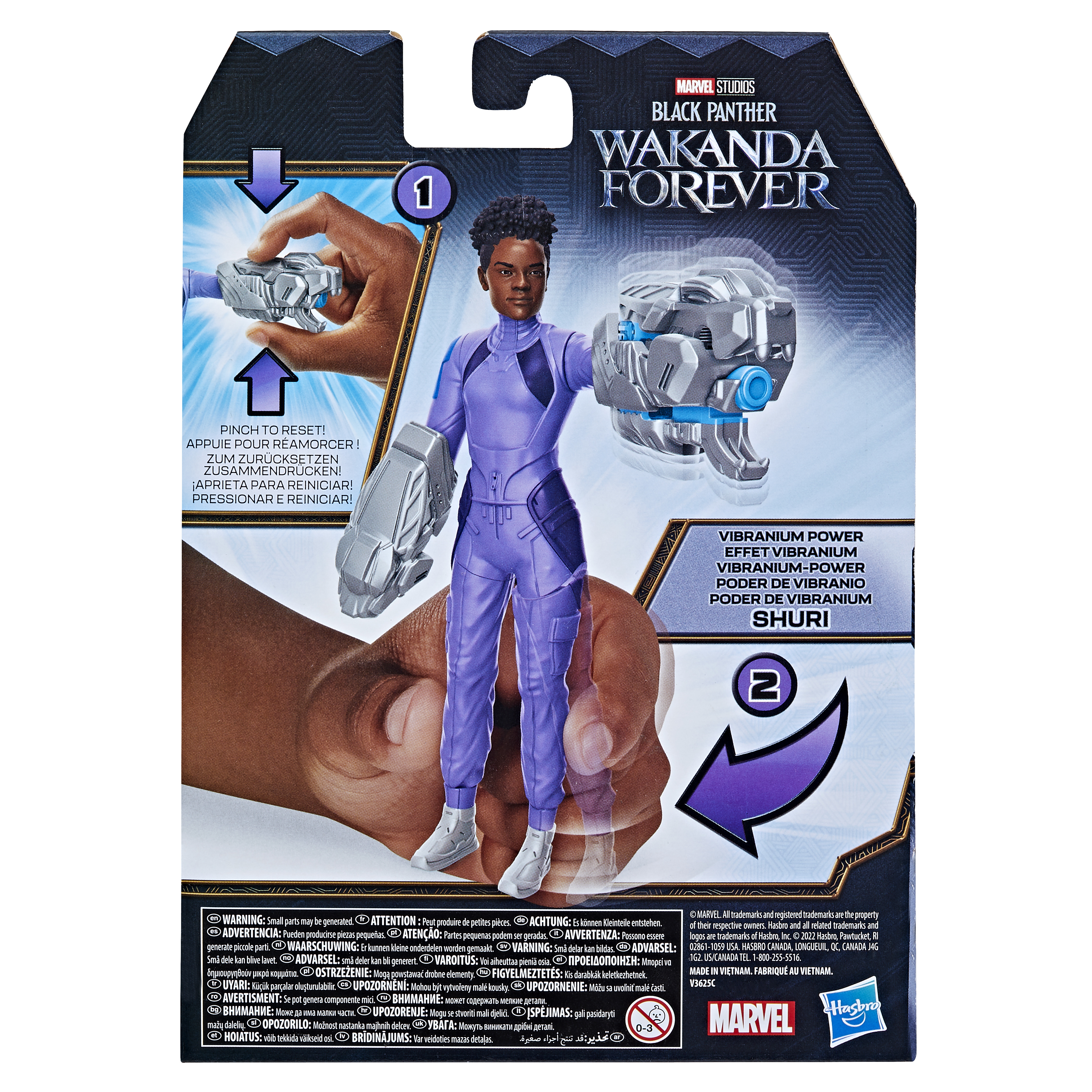 Una confezione di giocattoli con una figura in viola e braccia robotiche. La confezione include testo.