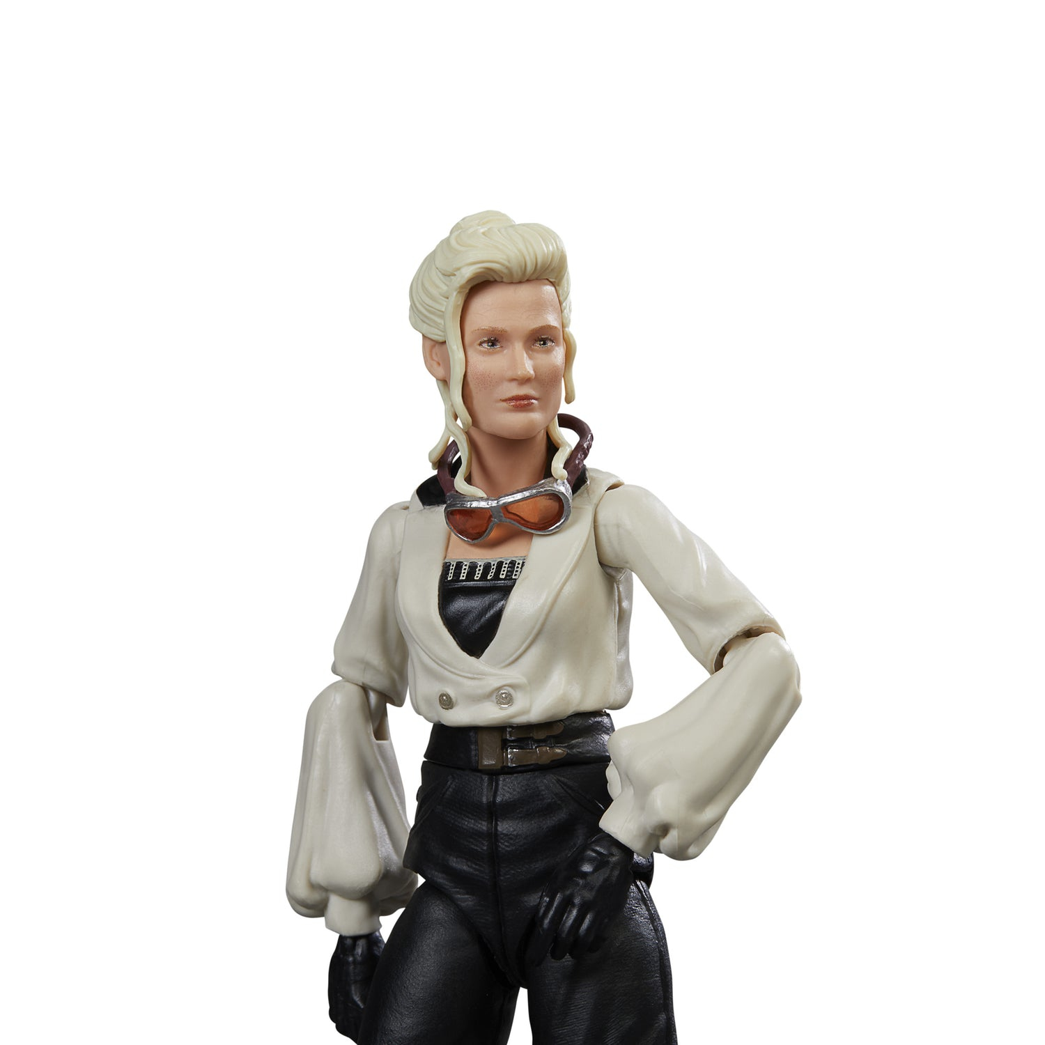 Actionfigur einer Frau in weißem Blazer, schwarzer Hose und Brille, auf weißem Hintergrund.