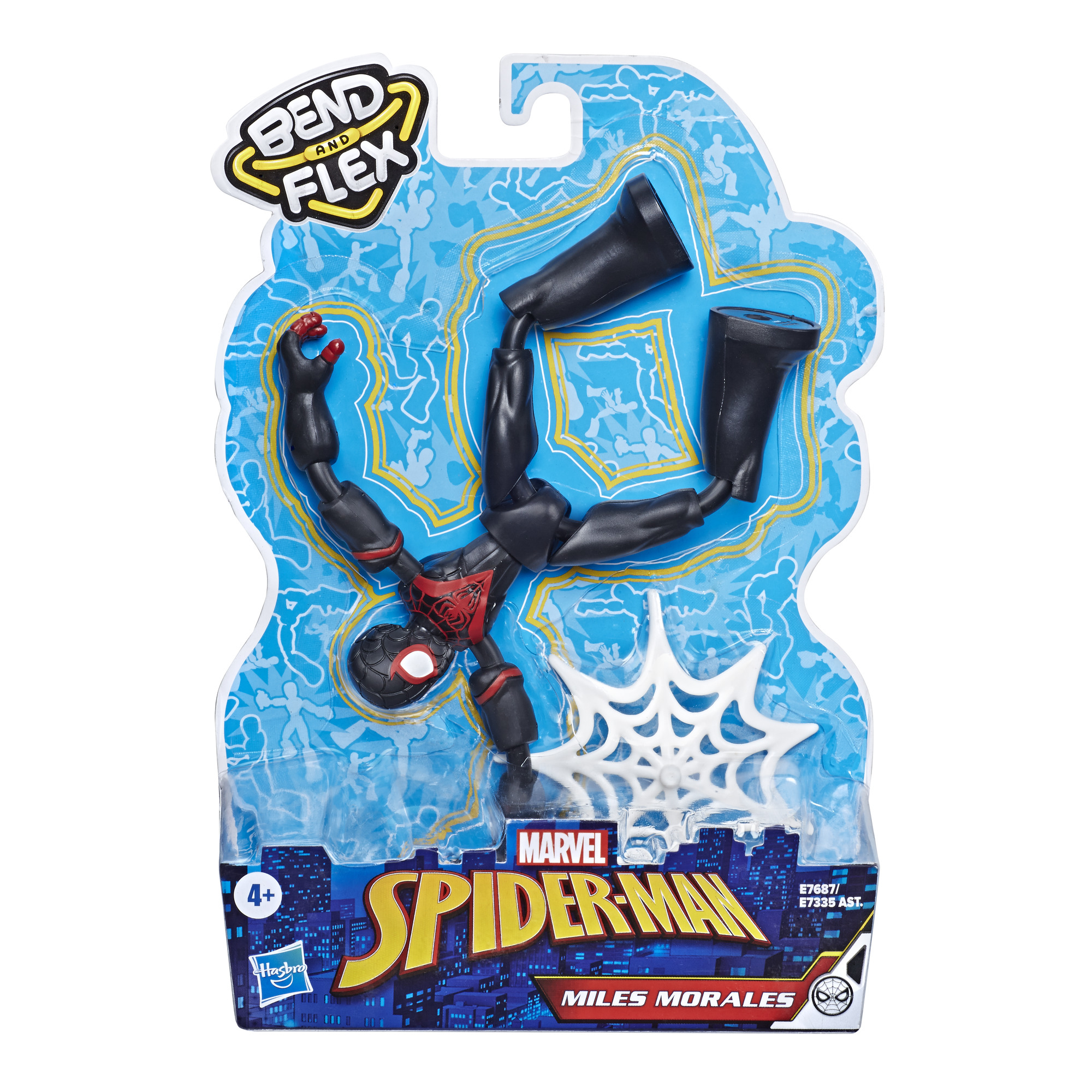 Action figure di Spider-Man in confezione. Sfondo blu con ragnatela e testo Bend and Flex.