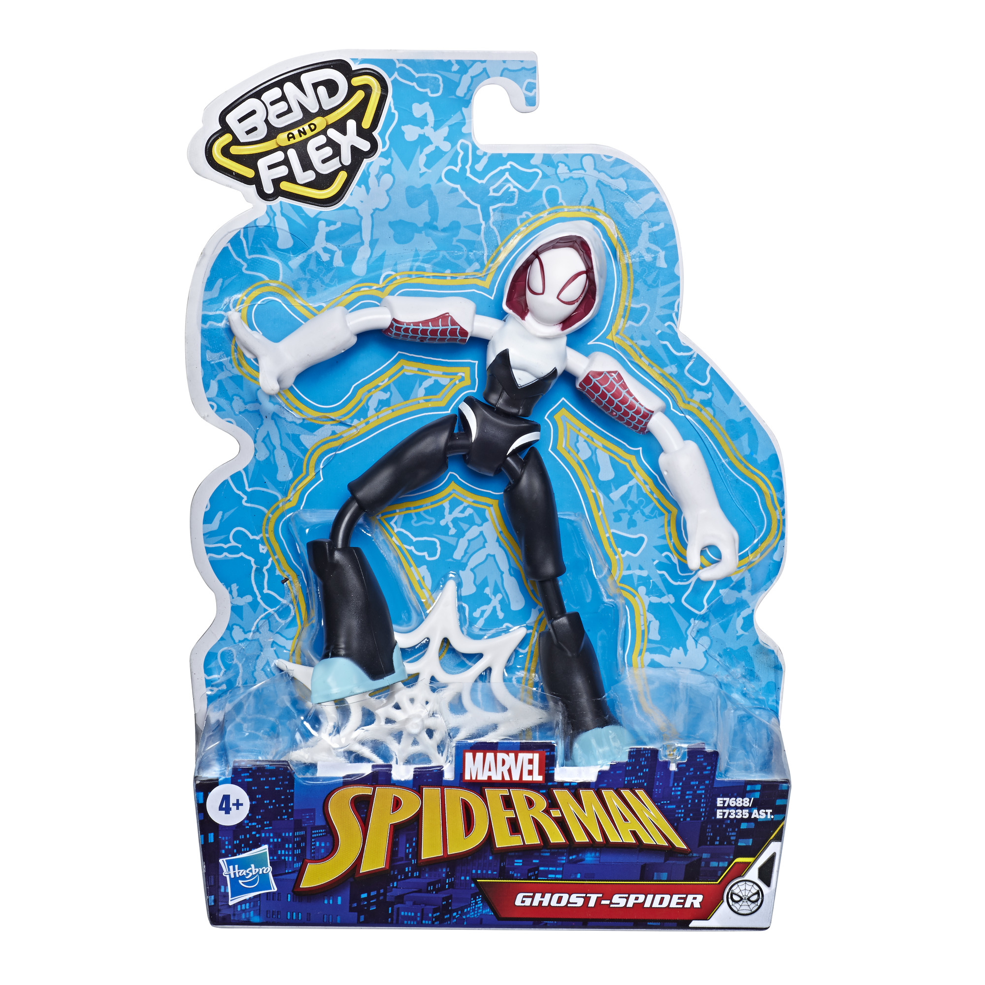 Un giocattolo di Spider-Man in una confezione. È una figura di Ghost-Spider flessibile.