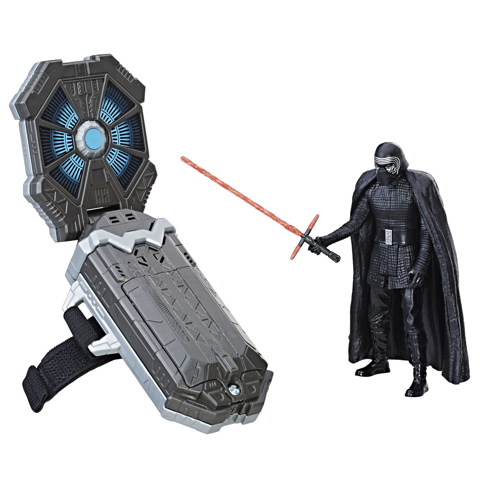 Action figure di Kylo Ren con spada laser e pannello di controllo. La figura è nera e ha un mantello nero.