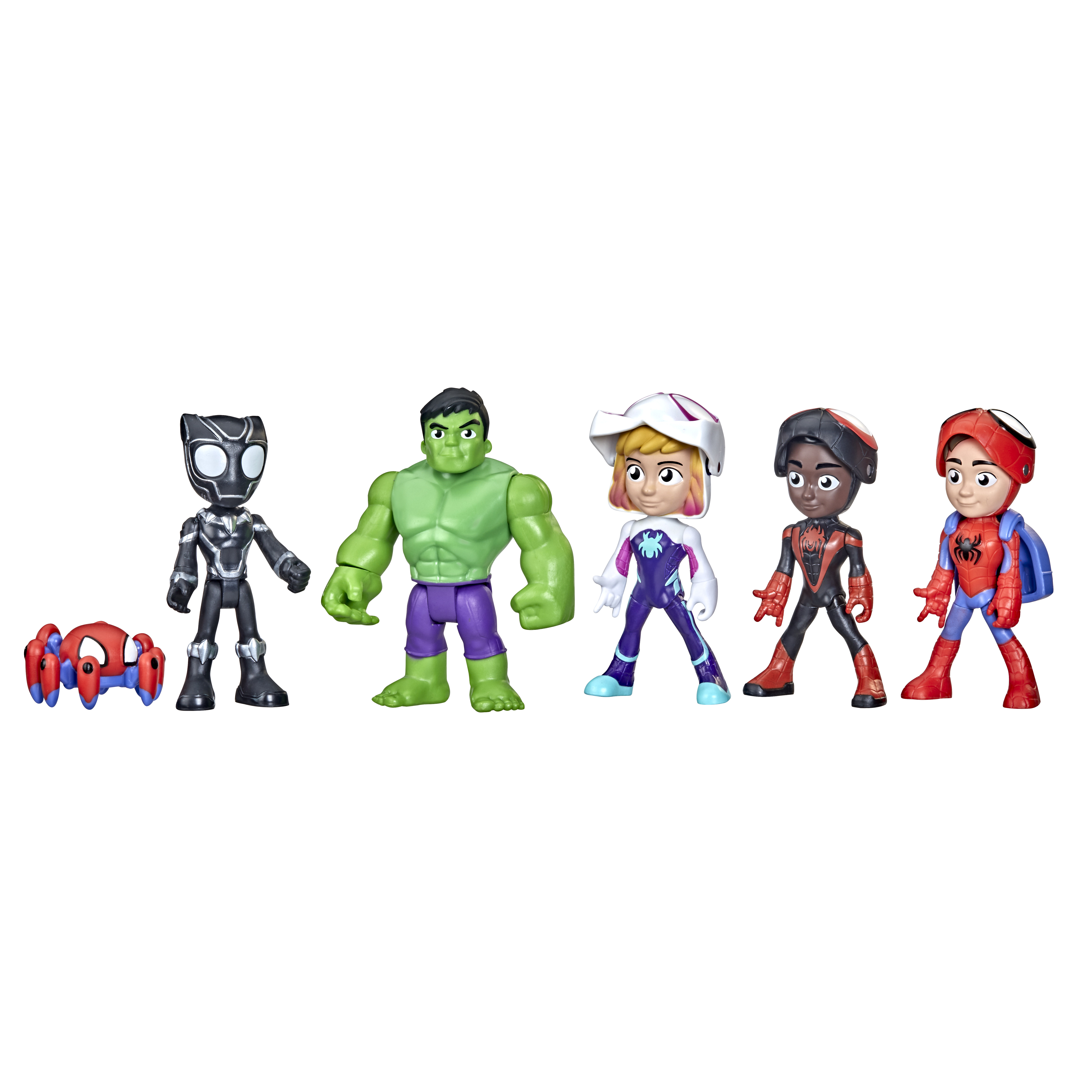Cinque figure di supereroi tra cui Black Panther, Hulk e personaggi di Spider-Man, in piedi.