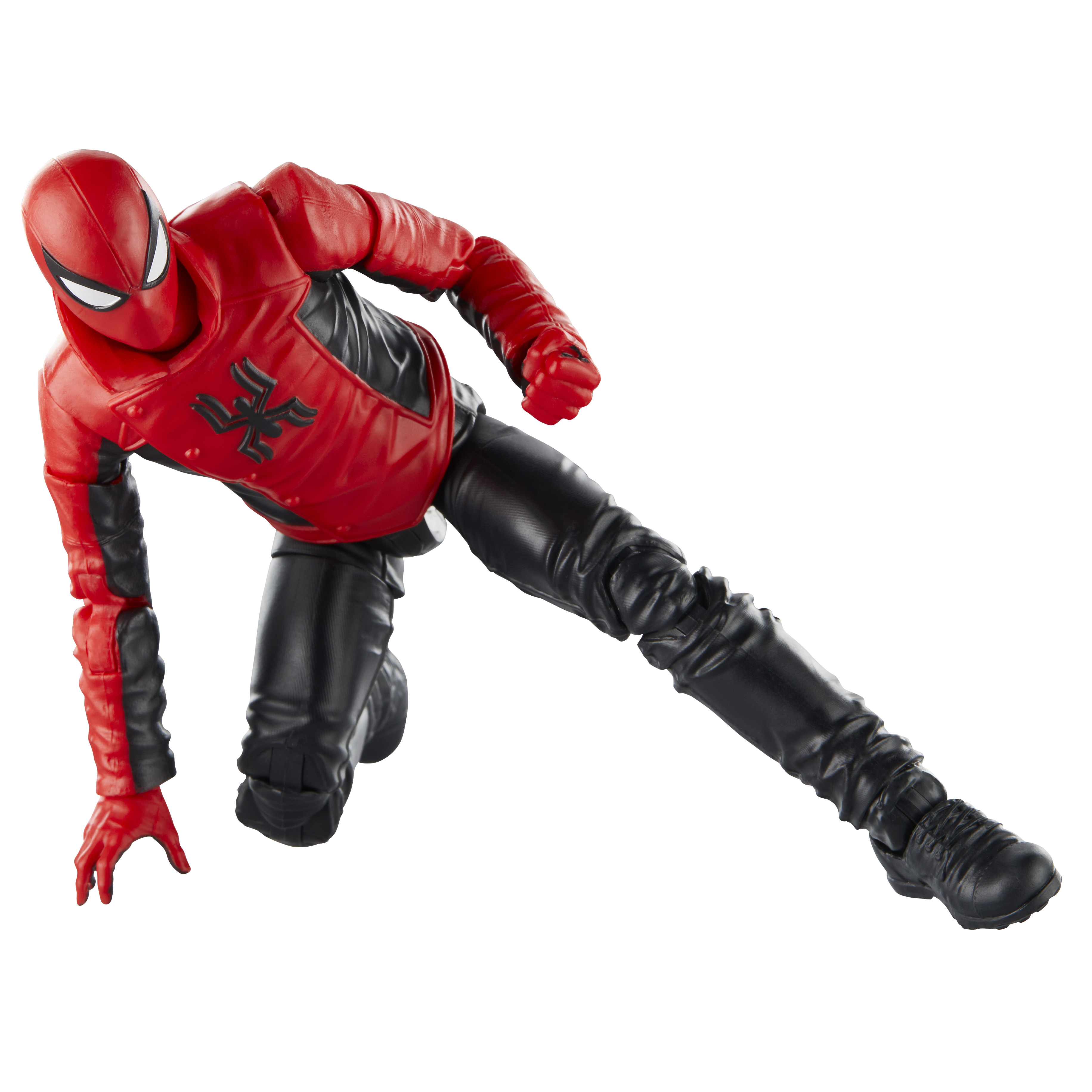 Figurka Spider-Mana. Figurka klęczy. Czerwona kurtka, czarne spodnie. Białe detale oczu.