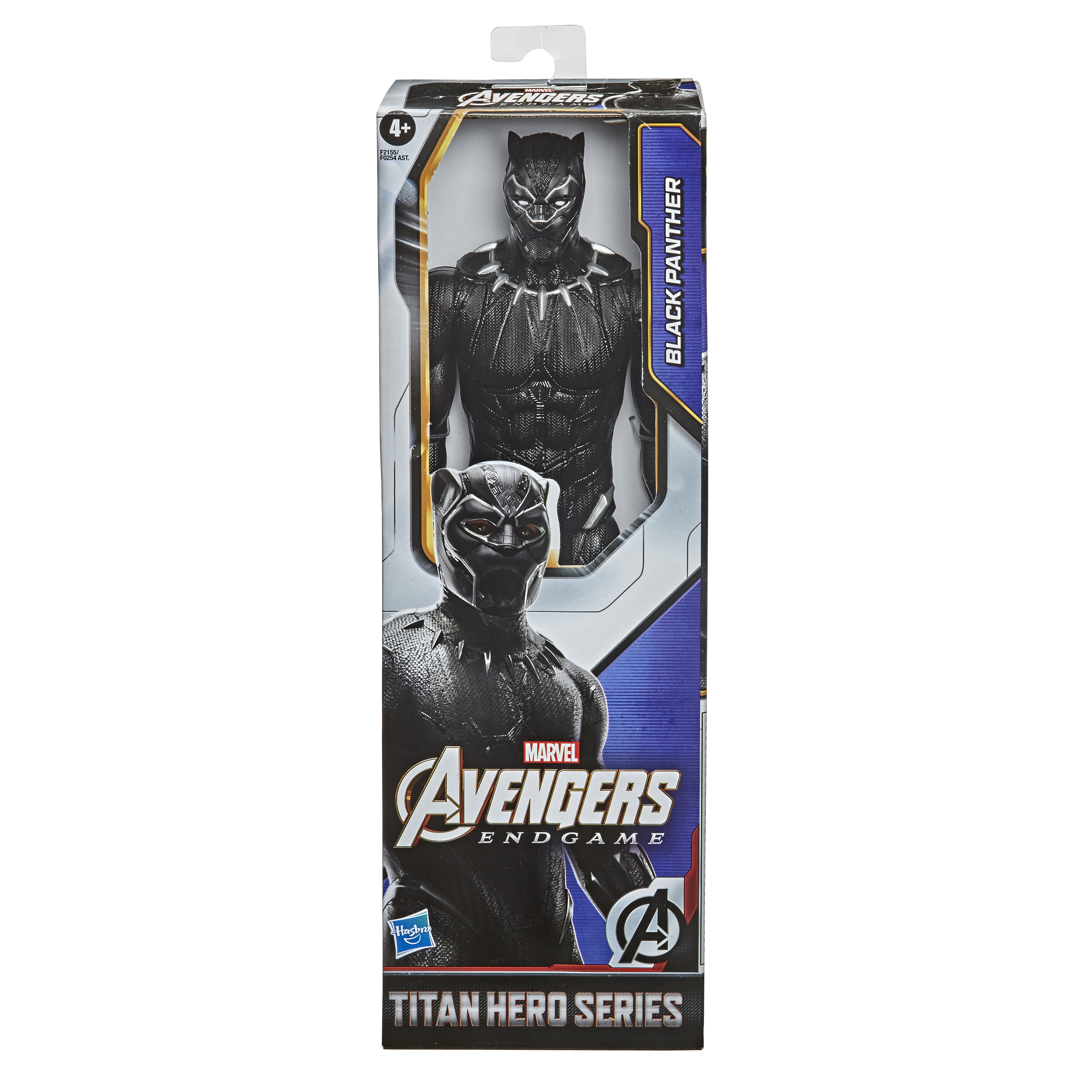 Figura de acción de Pantera Negra en una caja. La caja muestra el personaje y el logo de Avengers.