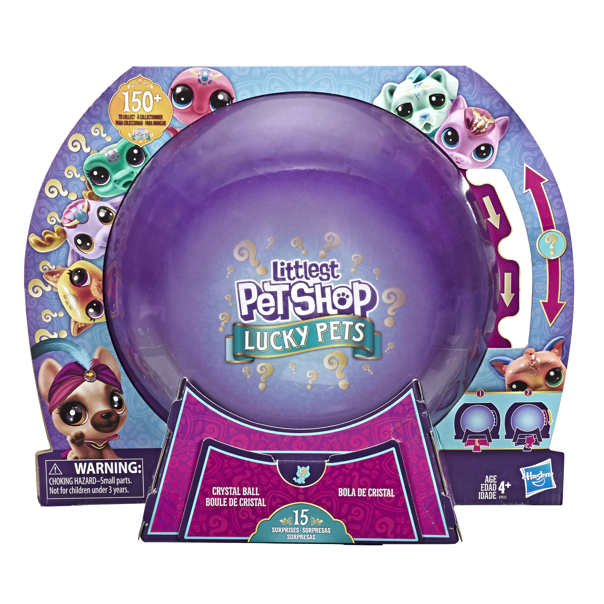 Littlest Pet Shop Spielzeug. Lila Kugelverpackung mit Bildern von Haustieren und einer Kristallkugel.
