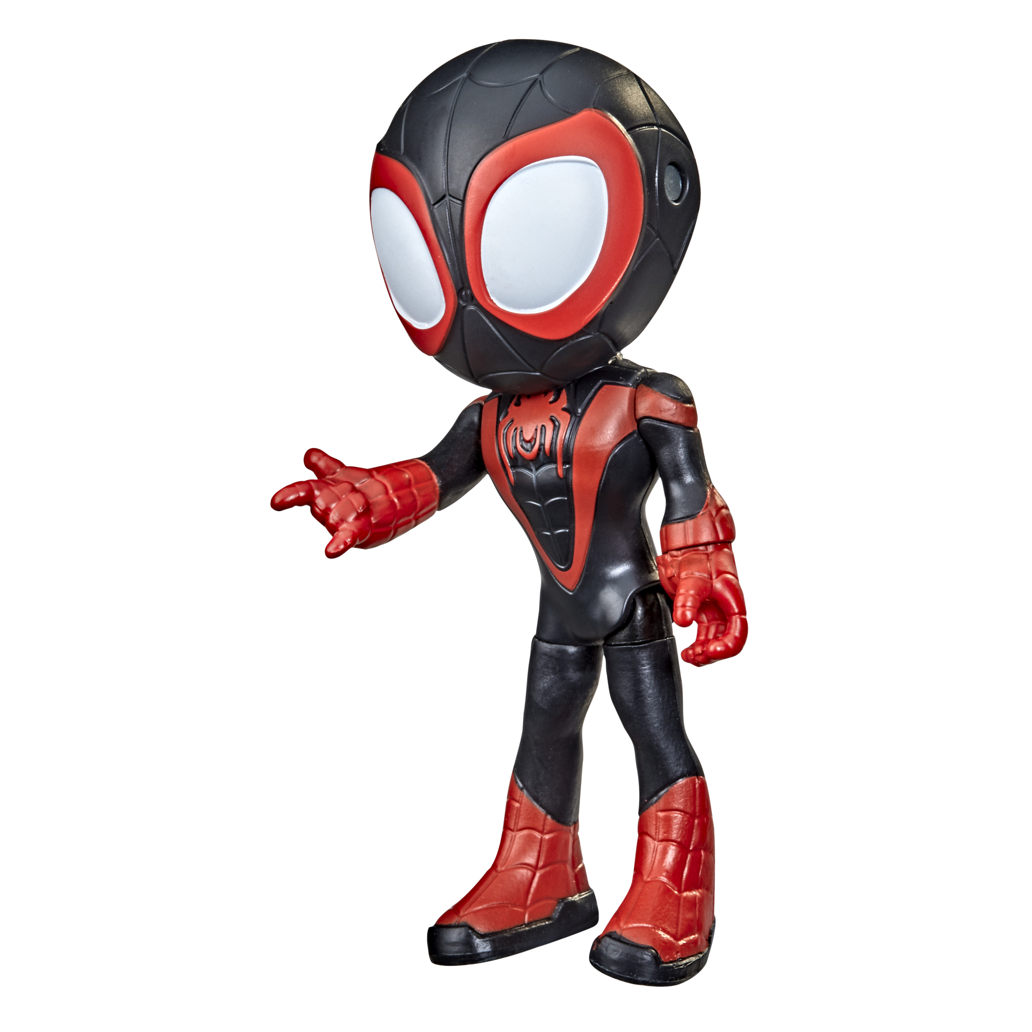 Action figure di Spider-Man Miles Morales in posa dinamica, tuta nera e rossa, testa grande.