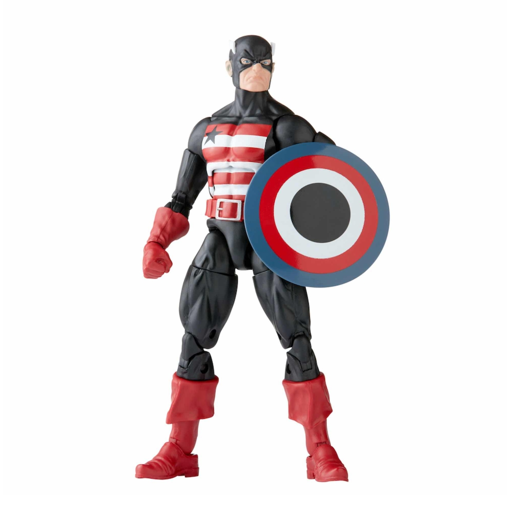 Action figure di Captain America con scudo. Costume rosso, bianco e blu, tiene uno scudo.