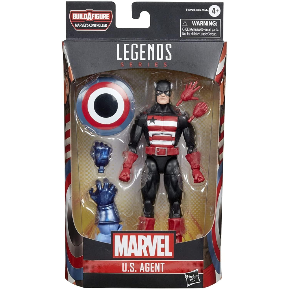Action figure di U.S. Agent in una scatola. La figura è rossa, bianca e nera con scudo e accessori.