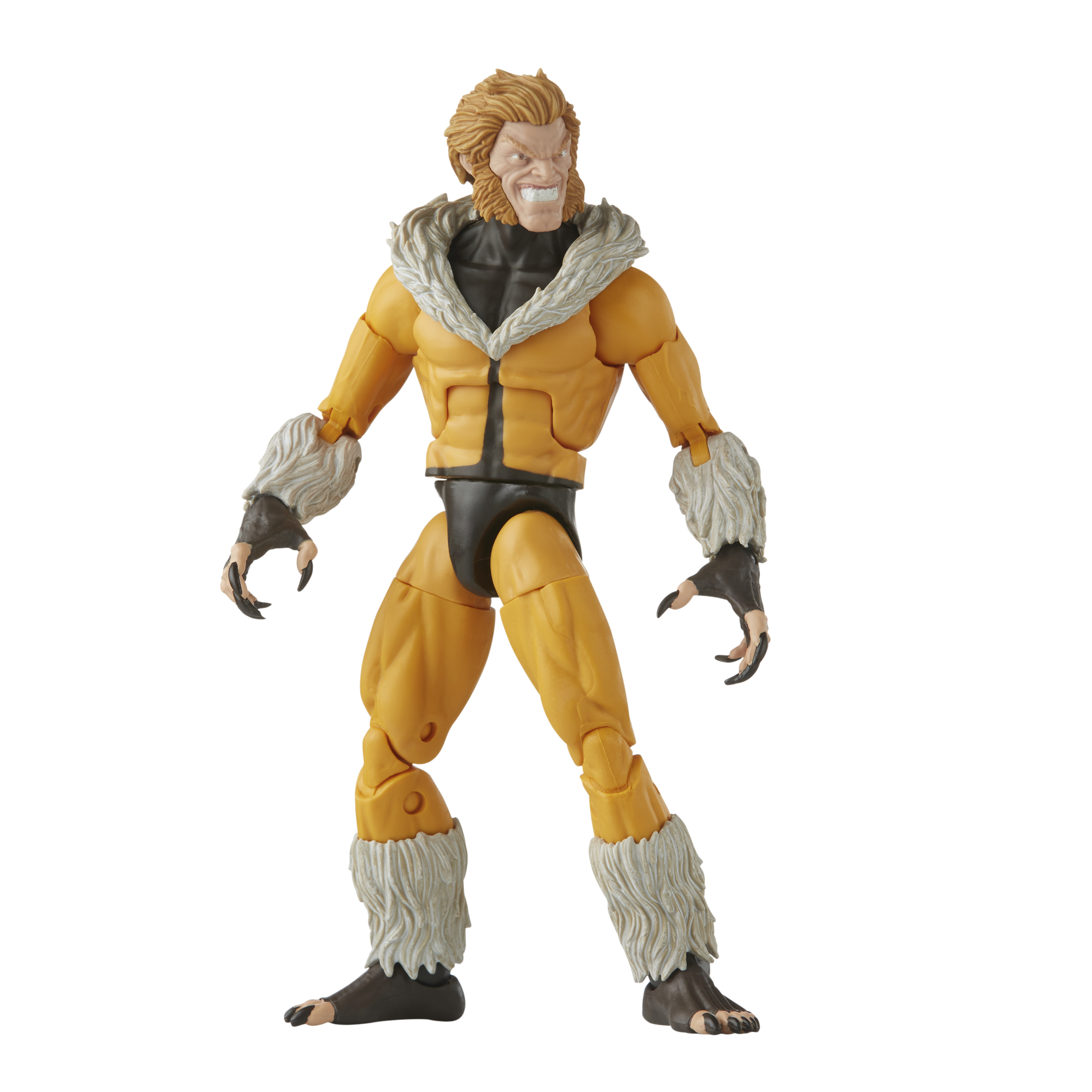 Action figure di Sabretooth con costume giallo e nero, in posa da combattimento, sfondo nero.