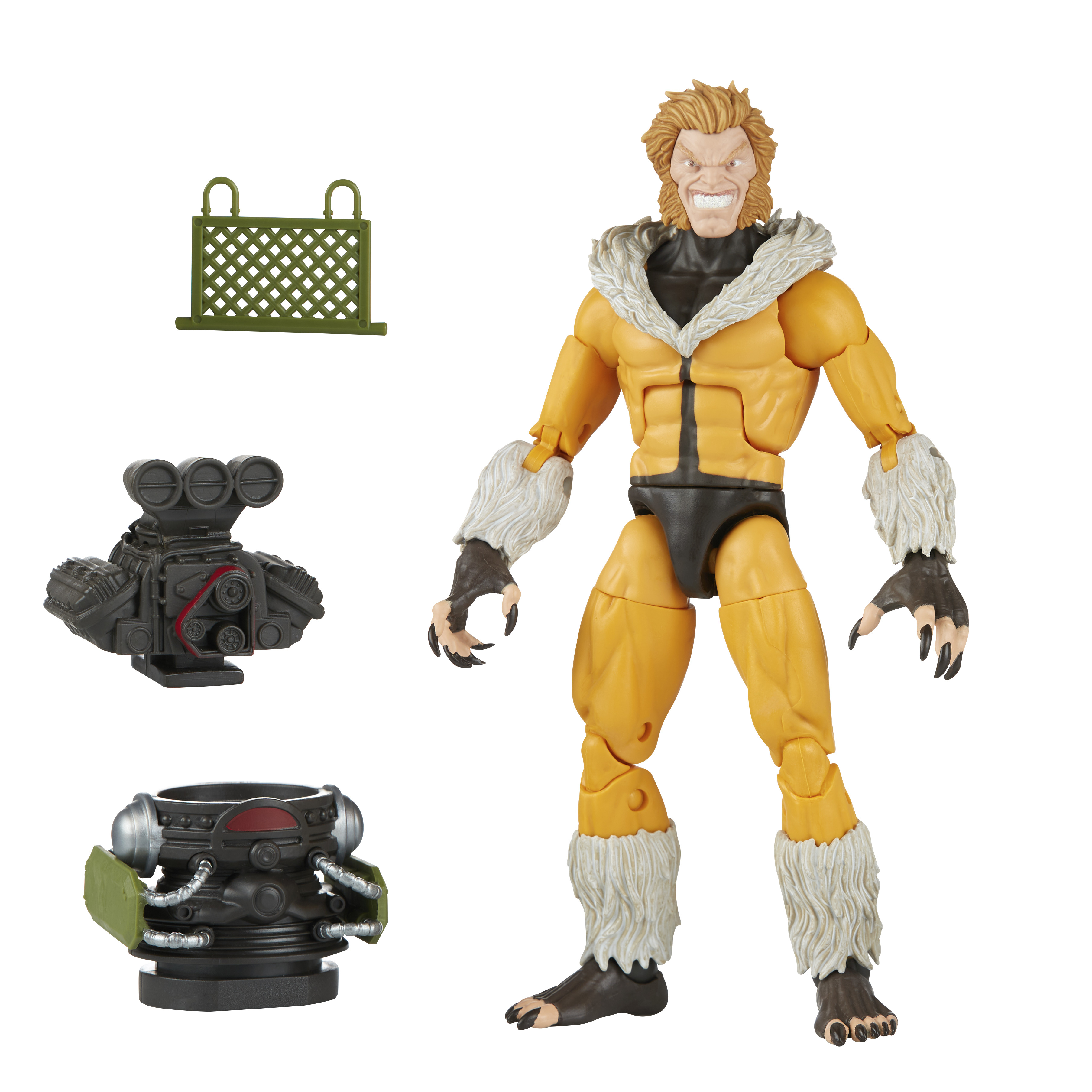 Action figure di Sabretooth con costume giallo e nero e accessori, sfondo bianco.